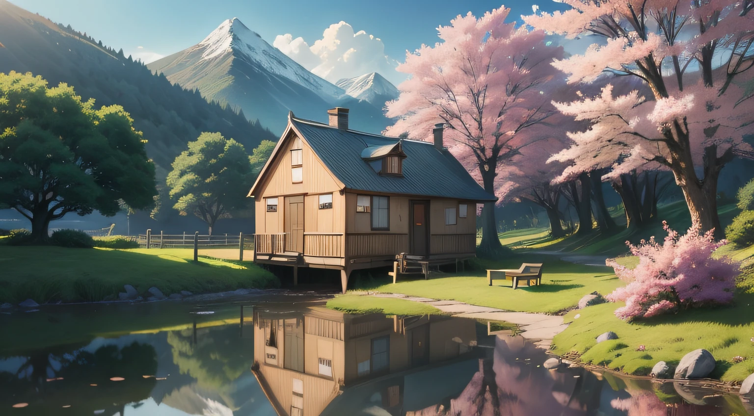 anime scenery of a small house near a pond, vivid colours, sakura flowers, anime background art, anime countryside landscape, beautiful anime scenery, anime background, anime landscape wallpaper, anime scenery concept art, anime landscape, anime scenery, anime beautiful peace scene, background artwork, beautiful anime scene, scenery artwork, anime nature wallpap, anime art wallpaper 8 k, anime art wallpaper 4 k