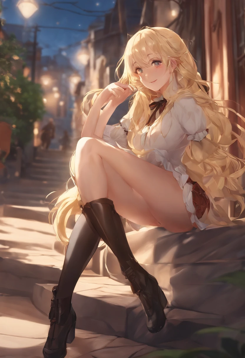 Anime girl, Blonde, Sexy girl pose,youthfulness,Enthusiastic,tmasterpiece,Full body photo,8k,adolable,ssmile,In the alleys