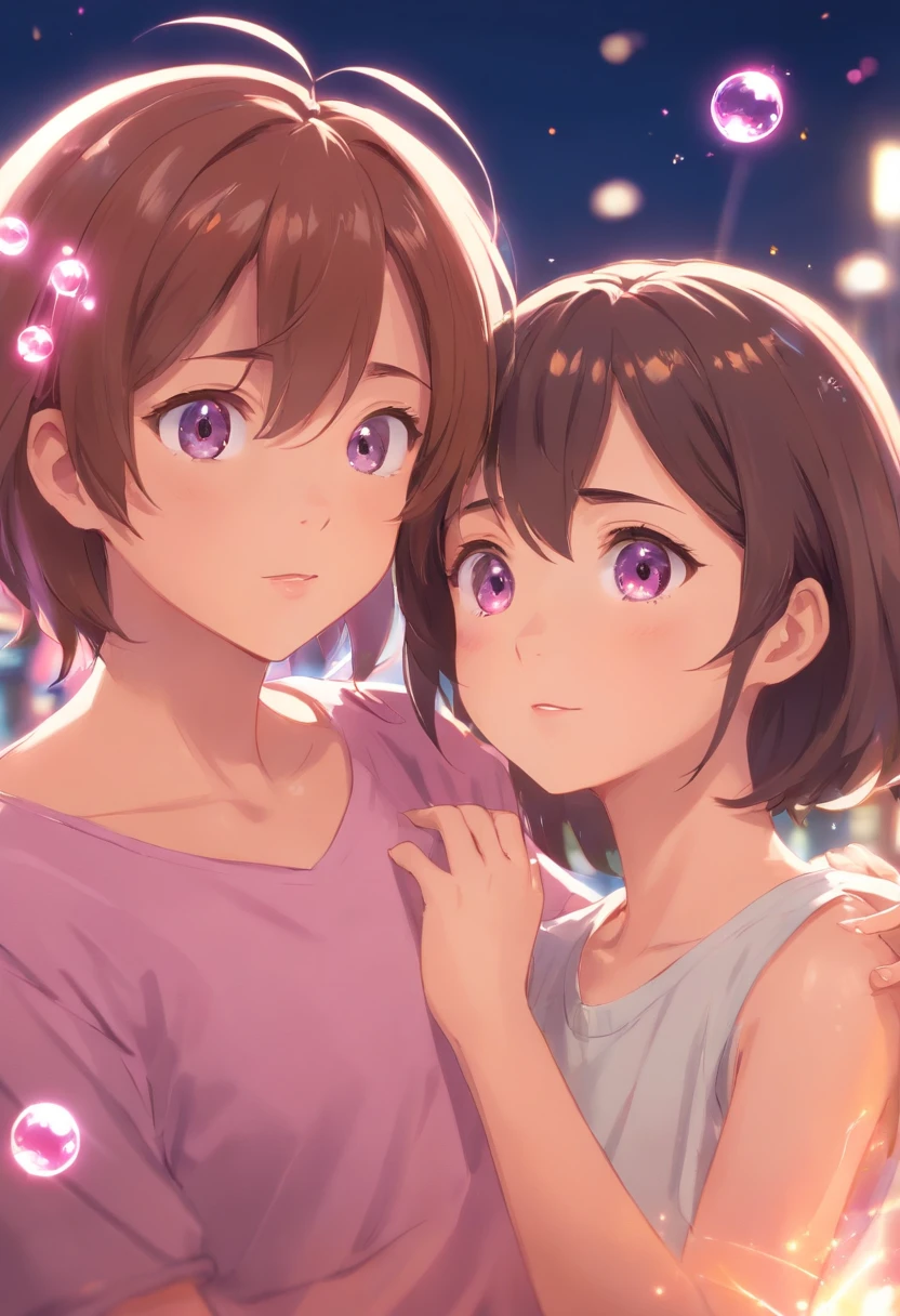 the night,In pink,Fireworks all over the sky,Heart-shaped bubbles,Children's couples,Cartoony,Chubby little girl and little boy hugging each other,Glowing fireflies around,,Cute and cute,KIDS ILLUSTRATION,Glow effects,Dingdall effect,depth of fields,high light,Real light,Ray traching,oc rendered,Hyper-realistic,best qualtiy,8K,Works of masters,super-fine,Detailed pubic hair,Correct anatomy,sharp focus on eyes,Bokeh,Facial features are carefully depicted