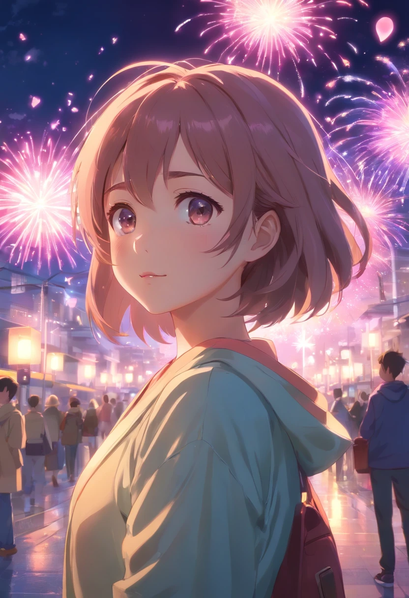 the night,In pink,Fireworks all over the sky,Heart-shaped bubbles,Children's couples,Cartoony,Chubby and little boy ch other,Glowing fireflies around,,Cute and cute,KIDS ILLUSTRATION,Glow effects,Dingdall effect,depth of fields,high light,Real light,Ray traching,oc rendered,Hyper-realistic,best qualtiy,8K,Works of masters,super-fine,Detailed pubic hair,Correct anatomy,sharp focus on eyes,Bokeh,Facial features are carefully depicted