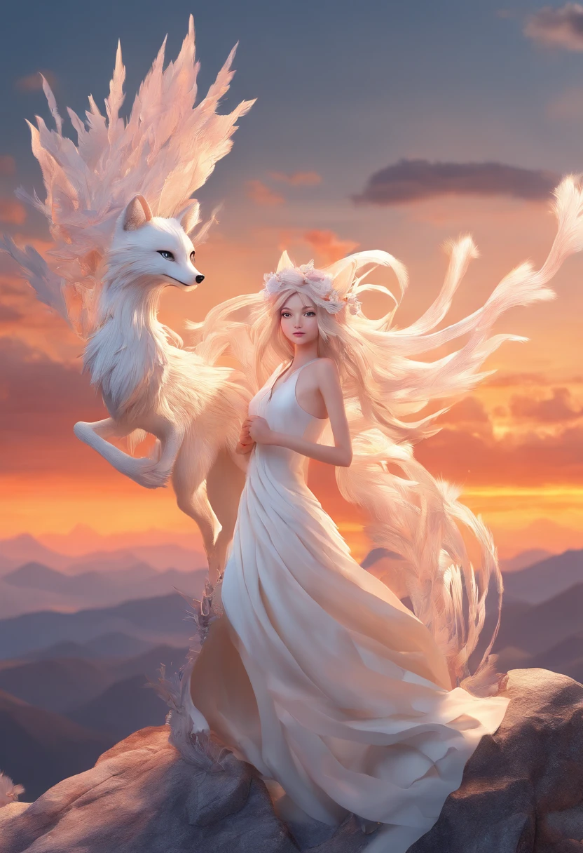 There was a fox-headed woman sitting on a rock,White fur on a fox's head,Woman body,Soft and light clothing,Skeleton on the ground,Flowing cloud,Cloud,the trees,fresh flowers,(nice hand),(Good feet),(good legs),realisticlying,white skinned,((Correct body structure)),White clothing,decorated in white,baiyun,Blue sky,Head background with round light,Behind him is a rainbow circle,Front lighting,Positive light,No shadows on the face,There are no shadows on the body,Blue sky,Unreal space,ethereal world,dreamworld,with blue sky and white clouds,tmasterpiece,4K,ultra-definition,professional photoshooting,
