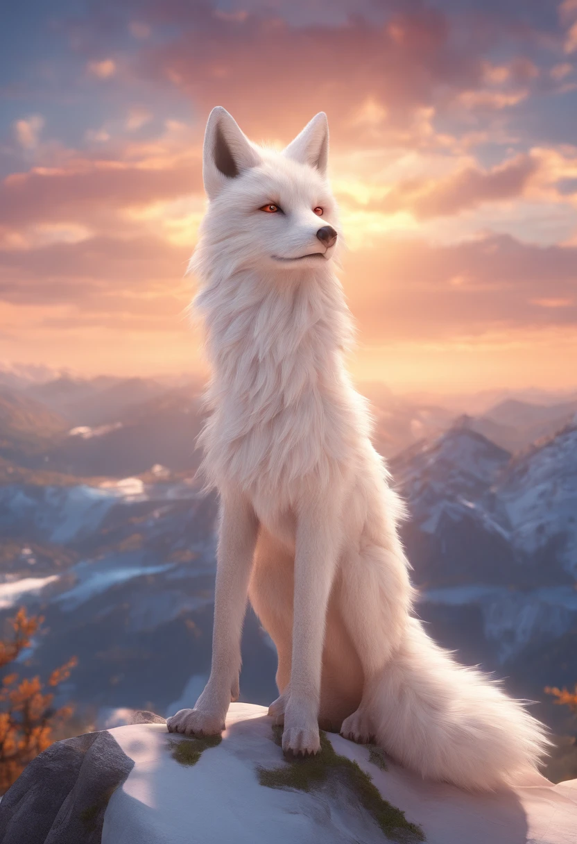 white fur nine-tailed fox girl on top of a mountain at sunset