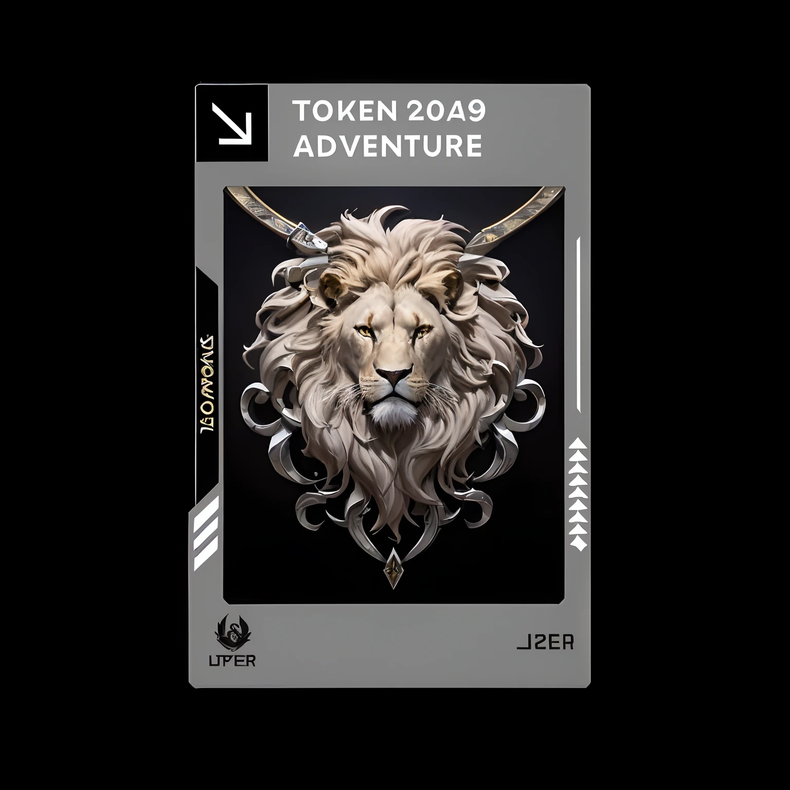 Close-up of a card with a lion's head, front trading card, the front of a trading card, adventurer, futuristic nft card game, adventure hyper realistic render, front game card, new adventure, 🚀🚀🚀, trading card, adventure game, 2 0 2 0, 2020, 2 0 1 9, Action - adventure