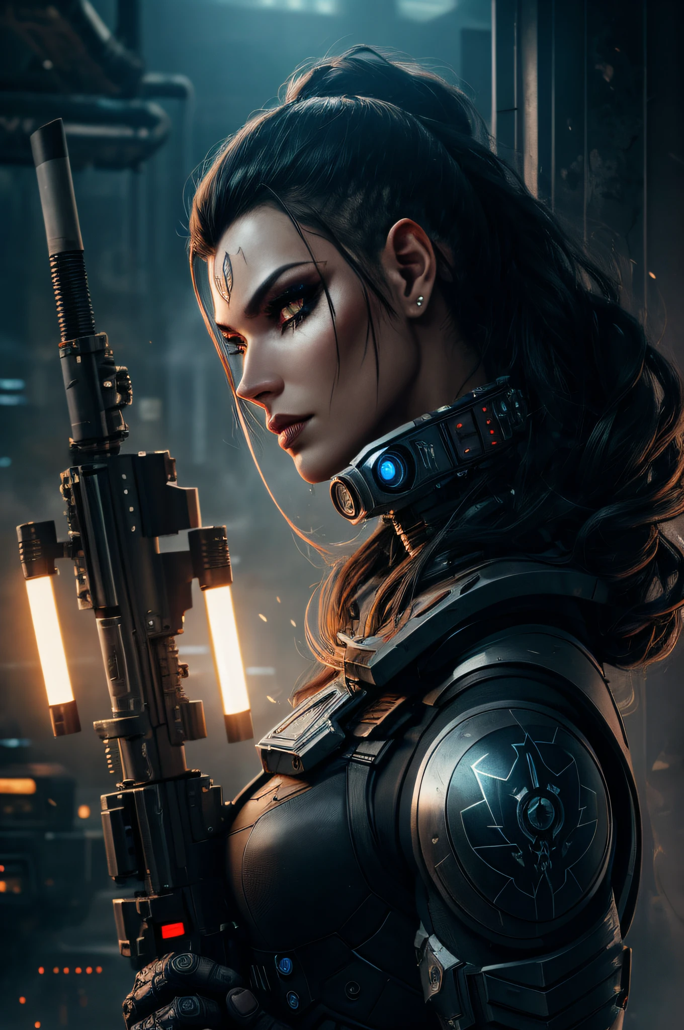 a beautiful woman cyborg warrior in the Style-RustMagic, cyberpunk augmentation, cyberware, cyborg, carbon fiber, chrome, implants, metal skull, cyber plate armor, (dark atmosphere:1.2), (fog & smoke), (dark night:1.3), scars, (dark medium length disheveled hair:1.1), (eyeshadow:1.1), (beautifully detailed glow:1.2), (Cinematic lighting), intricate detail, highres, rounded eyes, detailed facial features, sharp focus, smooth, aesthetic, detailed dark industrial factory background, stylish pose, dynamic pose, (dramapaint), (opt-6000:0.9)