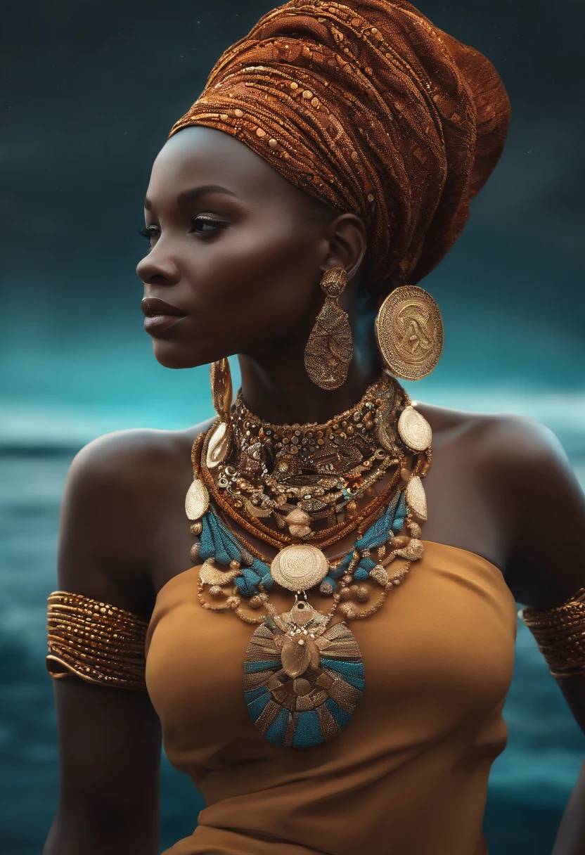 (Professional 3D rendering:1.3) de (Realistic:1.3) Foto de arte mais bonito do mundo,(((SOMENTE O ROSTO)))Yemanja, orisha, rainha africana,roupas azuis,Orixá queen of the oceans,cores azuis, vestindo um ade detalhado e intrincado, olhar materno, cosmic goddess,impressionismo,Afrofuturista, corpo inteiro 8k unidade render, poros da pele, very dark lighting, sombreamento pesado, circunstanciado, rosto detalhado, (Vibrando, fotografia realista, Realistic, Dramatic, Escuro, foco nítido, 8k), (Roupas africanas de tribos :1.4), ((((use tecidos)))), (intrincado:1.4), decadente, (altamente detalhado:1.4), Pintura digital, rendering by octane, art stations, conceito-arte, liso, foco nítido, germe da arte, (Loish:0.23), Wlop Ilya Kuvshinov, e greg rutkowski e alphonse mucha gracias, (global ilumination, studiolight, light volumetric), beira do mar, floating particles,(((close-up rosto))), ((Fundo escuro noite estrelada:1.3)),CGSesociedade,art stations