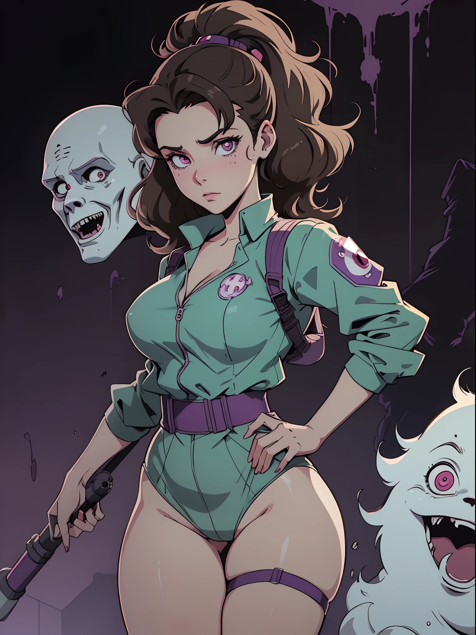(1980s anime), female ghostbuster, ghostbusters, scantily clad, proton_pack, ectoplasm, horror, haunted mansion, haunting, brunette, highly detailed hair, highly detailed eyes, phantasm