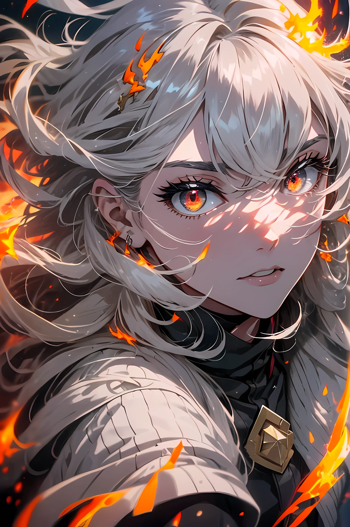 (absurd, high resolution, ultra detailed), Masterpiece,A gray-haired, young boy with red eyes,Fire on the head, fire converges with body Engulfed in turbulent flames, fire behind him, Detailed digital anime art, nagito komaeda, engulfed in flames, holy flame spell, handsome guy in demon killer art, flaming hair, by Yang J, Burning garlands, completely consisting of fire, Hair made of fire