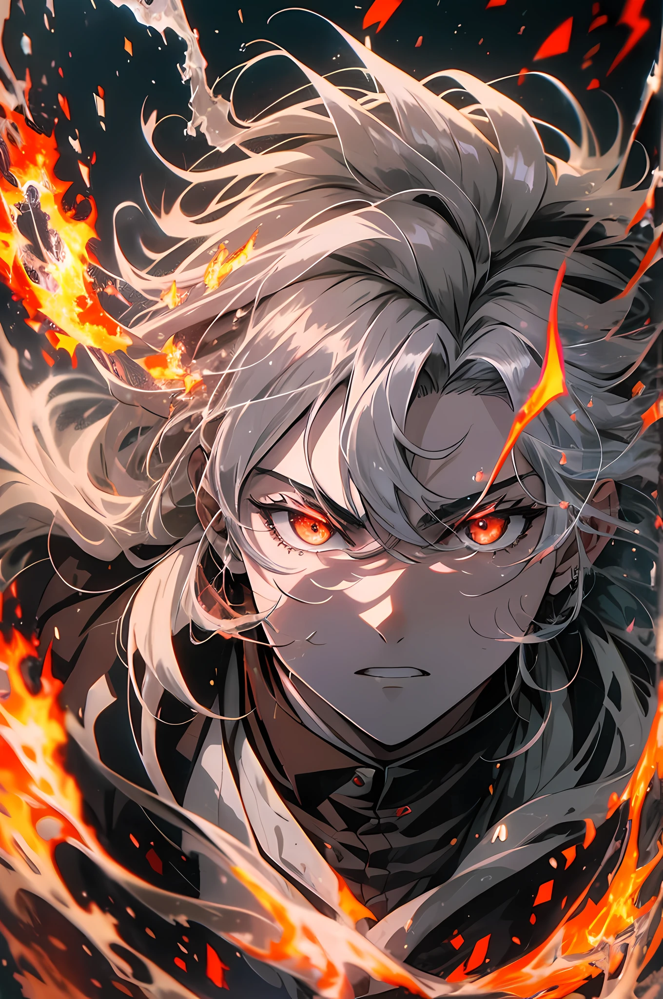 (absurd, high resolution, ultra detailed), Masterpiece,A gray-haired, young boy with red eyes,Fire on the head, fire converges with body Engulfed in turbulent flames, fire behind him, Detailed digital anime art, nagito komaeda, engulfed in flames, holy flame spell, handsome guy in demon killer art, flaming hair, by Yang J, Burning garlands, completely consisting of fire, Hair made of fire