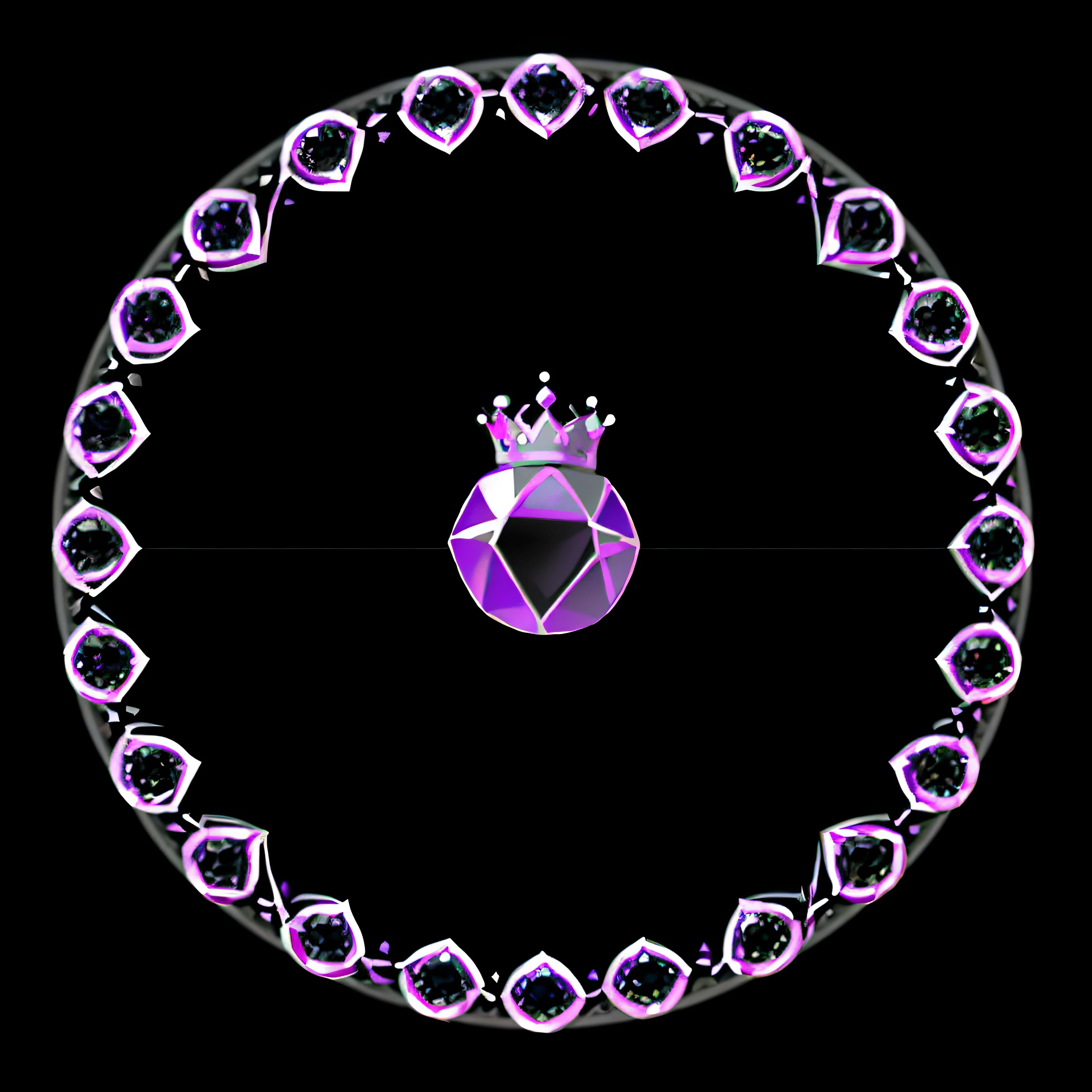 (Best quality,4K,A high resolution,Ultra-detailed),(jewelry,Royal Jewels,crown,Black diamonds),white colors、Purple and magenta gradient balls,Soft transitions,Tarot card style round frame,Border with floral pattern,Pure black background,Frontal view.Vector graphics,Minimalist style,Boss fights