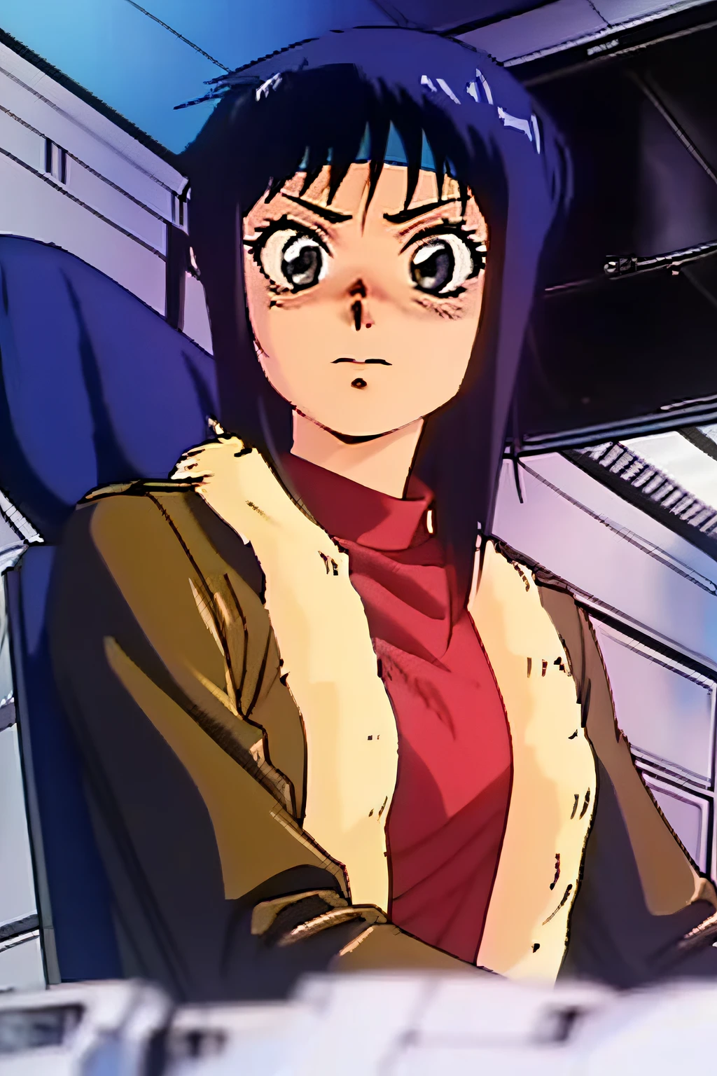 1girl, POV, face close-up, Expressionless, medium hair, gray eyes, blue hair, straight hair, medium brests, red lowneck shirt, brown leather jacket with fur on the collar,