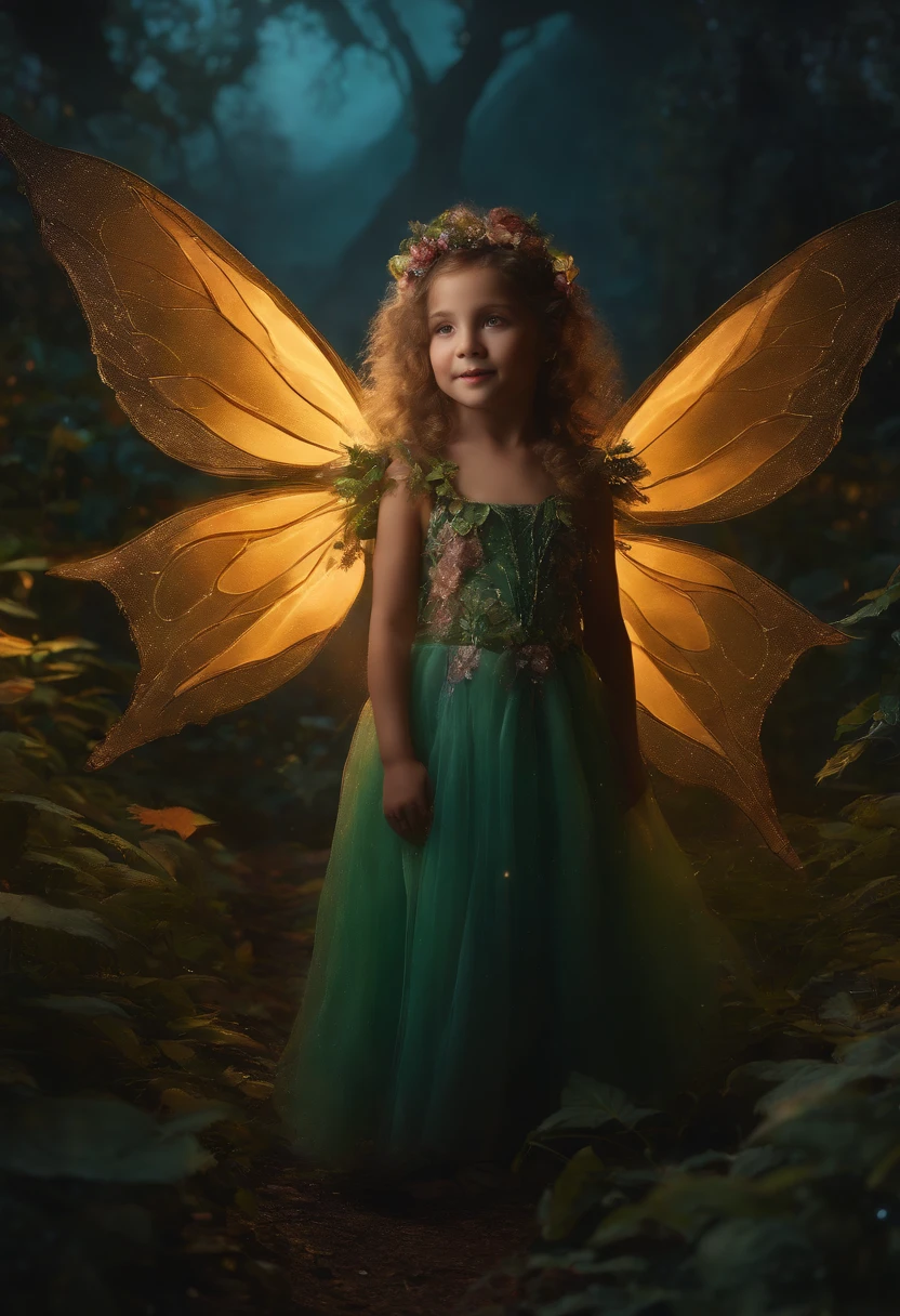 fairy girl, small, Detailed face, dressed in green, with transparent wings, Flying in a magical forest of many colors, There are many colorful fireflies