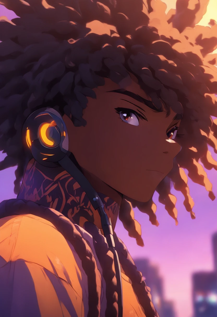 Anime black male with a yellow shirt and a black hair, black teenage boy, short dreadlock hairstyle that covers the left side of his face and dark skin, detailed character portrait, a character portrait, halfbody portrait, stylized portrait, halfbody he wearing an cool orange shirt with black sleeves and has headphones around his neck, lavender eyes and has headphones around his neck, illustration of an black teenager on beautiful sunset background,looking at viewer