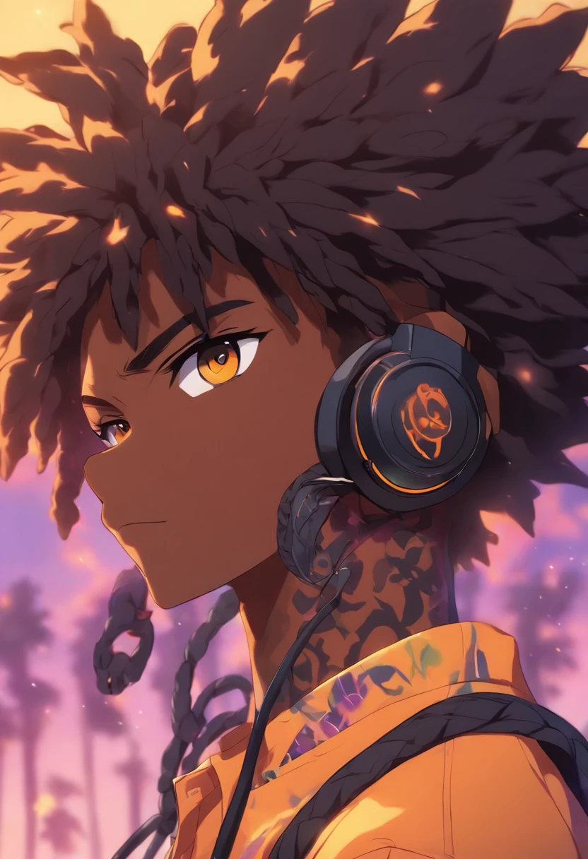 Anime black male with a yellow shirt and a black hair, black teenage boy, short dreadlock hairstyle that covers the left side of his face and dark skin, detailed character portrait, a character portrait, halfbody portrait, stylized portrait, halfbody he wearing an cool orange shirt with black sleeves and has headphones around his neck, lavender eyes and has headphones around his neck, illustration of an black teenager on beautiful sunset background,looking at viewer