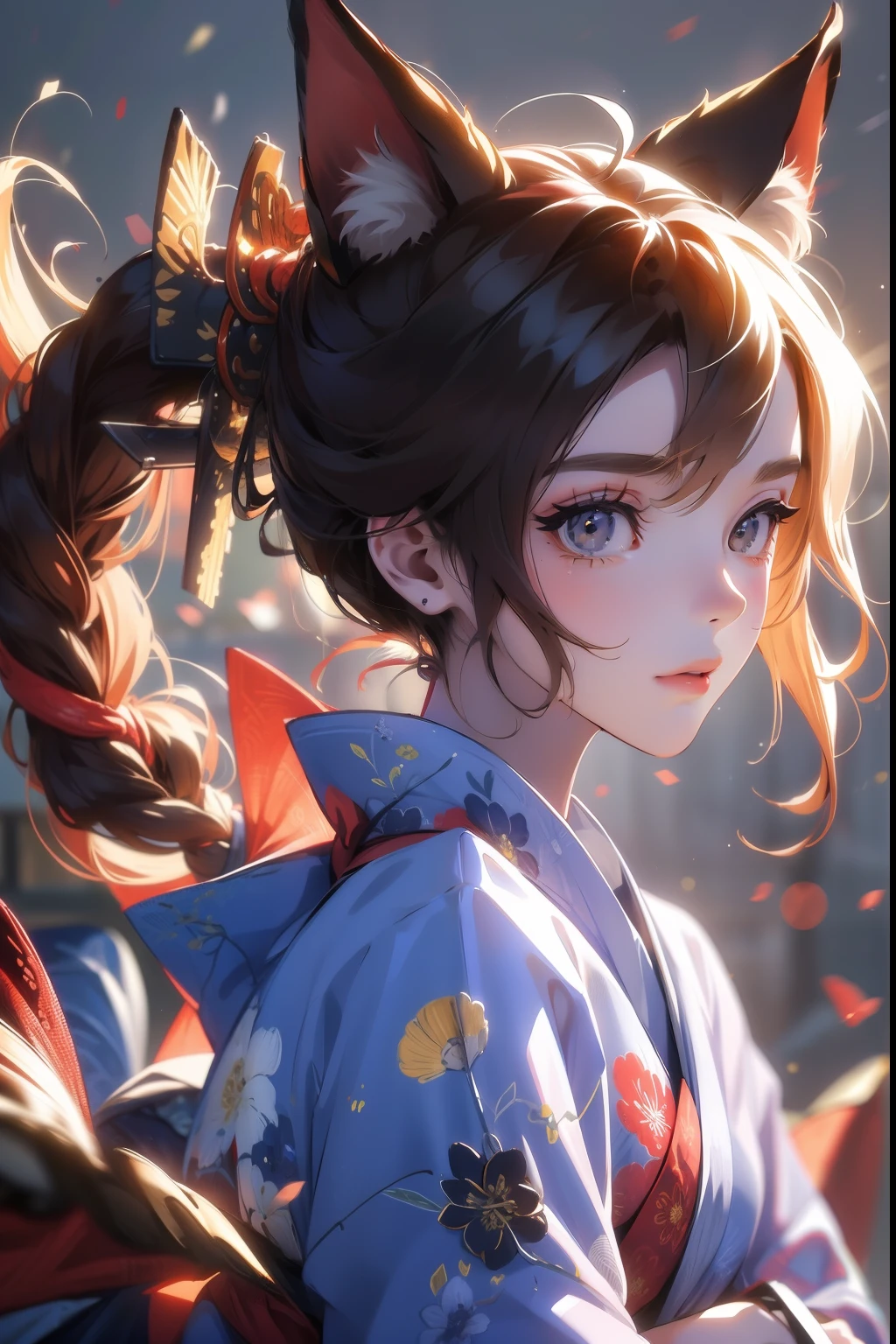 (best quality, masterpiece), 1girl, samurai, particle, wind, looking at viewer, fox ear, monsters in background, backlighting, upper body, pose