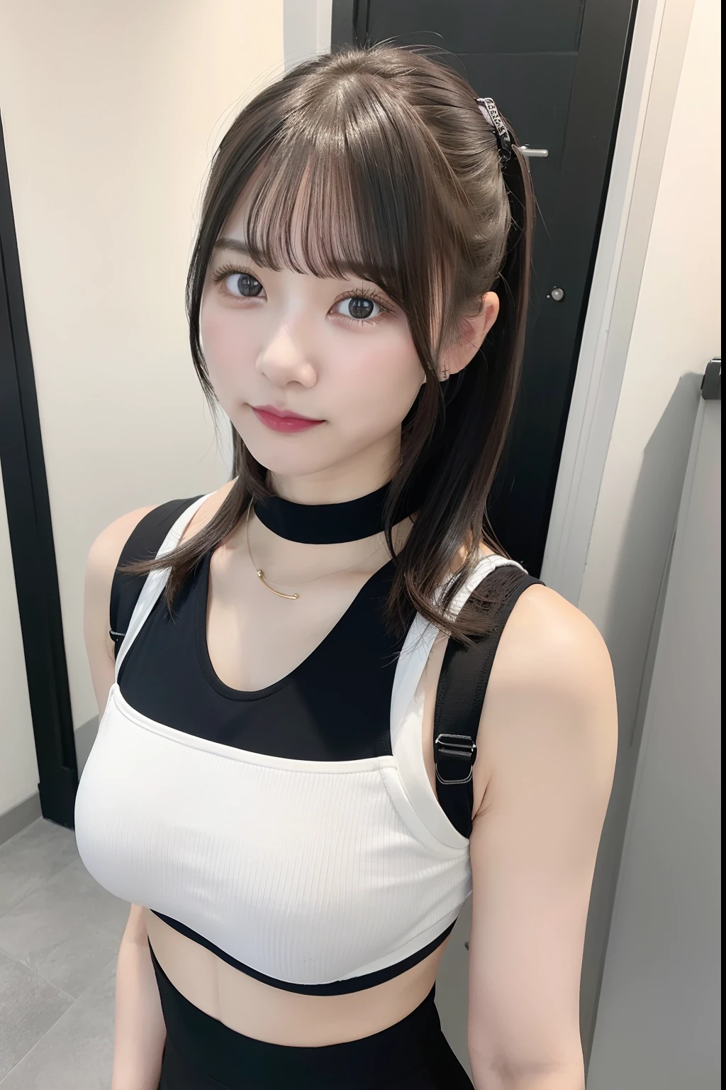 top-quality、超A high resolution、(Photorealsitic:1.4)、女の子1人、White Sports Bra、Black Yoga Pants、Black Choker、(faded ash gray hair:1)、g-cup
