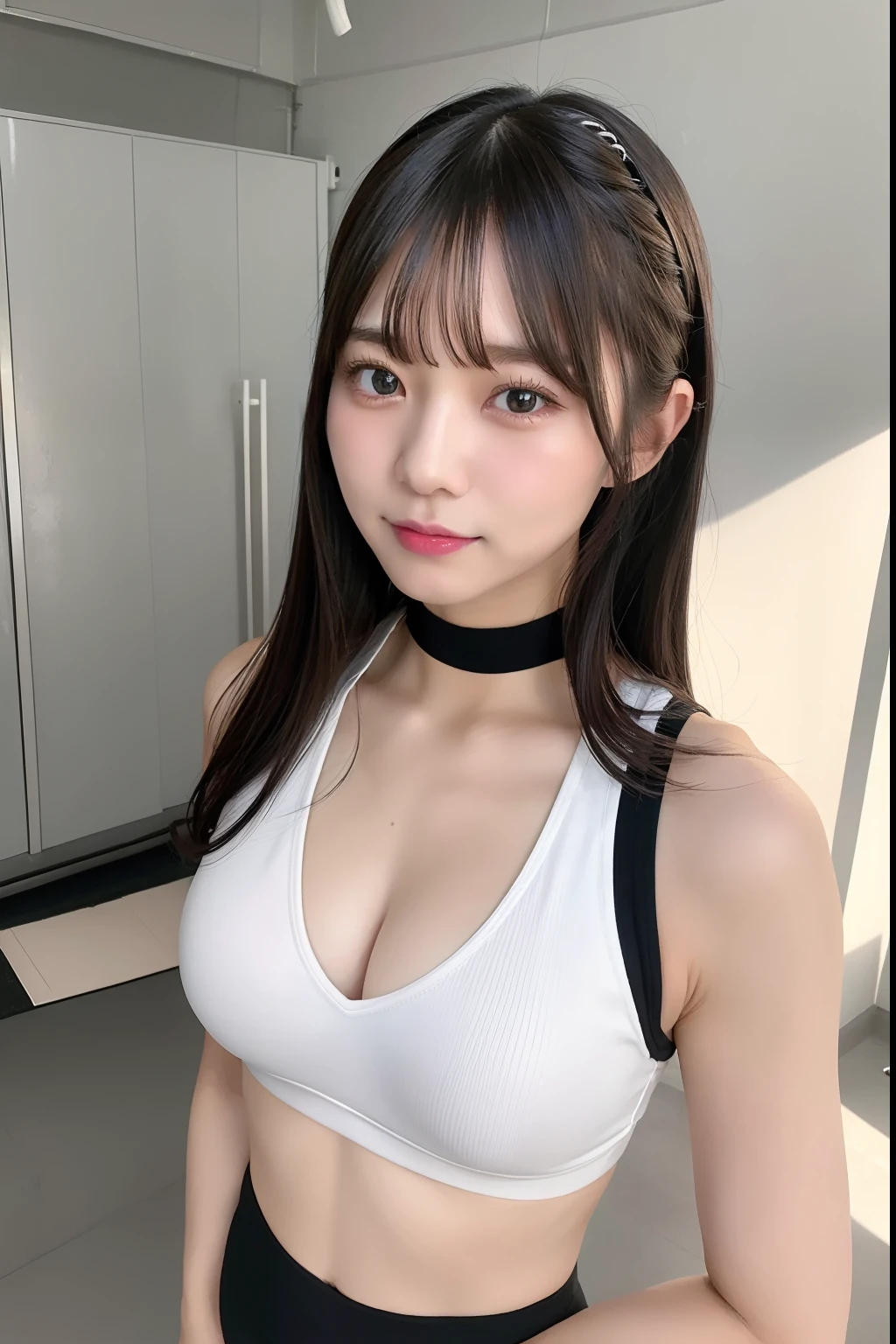 top-quality、超A high resolution、(Photorealsitic:1.4)、女の子1人、White Sports Bra、Black Yoga Pants、Black Choker、(faded ash gray hair:1)、g-cup