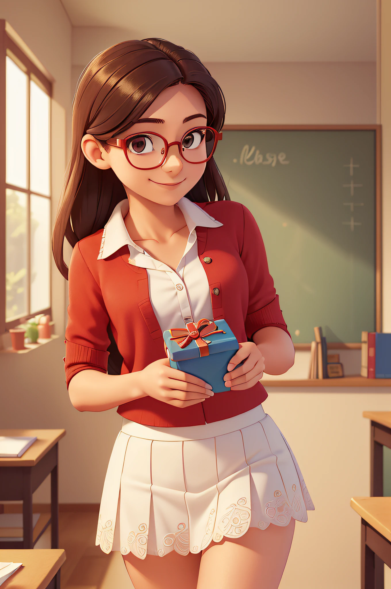 Students give gifts to teachers，(A small chest:1.3),(Masterpiece, Best quality:1.4), (Beautiful, Aesthetic, Perfect, Delicate, Intricate:1.2),((Best quality)), ((Masterpiece)), (Detailed),(A high resolution:1.2), Classroom, An adult female, Smiling Claudia Chefer, Red shirt, White skirt, Glasses, Bend over, angle of view,