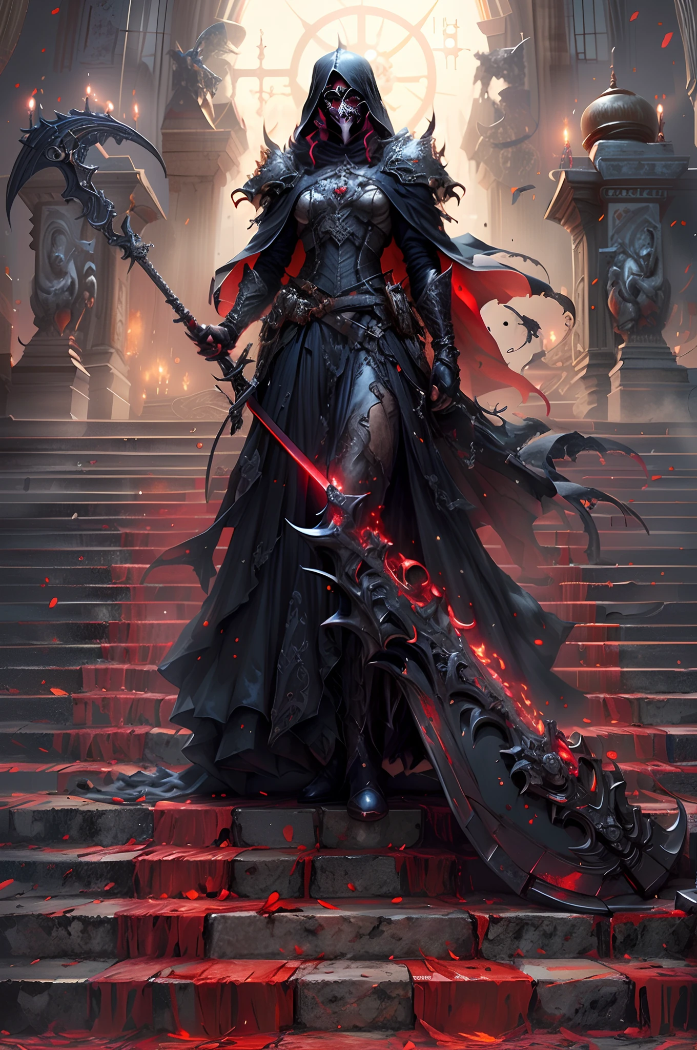 arafed woman in a black dress with a sword and a red cape, dark fantasy style art, by Arthur Pan, by Yang J, abaddon and magali villeneuve, dark fantasy art, dark sorceress full view, diablo digital concept art, gothic fantasy art, 4k fantasy art, beautiful elegant demon queen, dark fantasy artwork