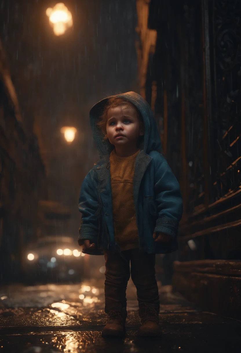 6 YEAR OLD CHILD CRYING, TEAR STAINED FACE, SAD, RAIN, NIGHTTIME, STREETS, MOONLIGHT, 8K, detailed matte painting, deep color, fantastical, intricate detail, splash screen, complementary colors, fantasy concept art, 8k resolution trending on Artstation Unreal Engine 5"