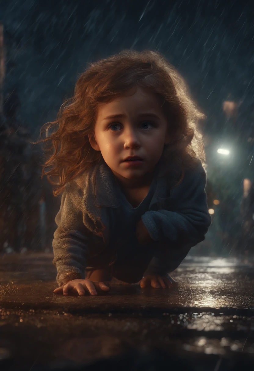 6 YEAR OLD CHILD CRYING, TEAR STAINED FACE, SAD, RAIN, NIGHTTIME, STREETS, MOONLIGHT, 8K, detailed matte painting, deep color, fantastical, intricate detail, splash screen, complementary colors, fantasy concept art, 8k resolution trending on Artstation Unreal Engine 5"