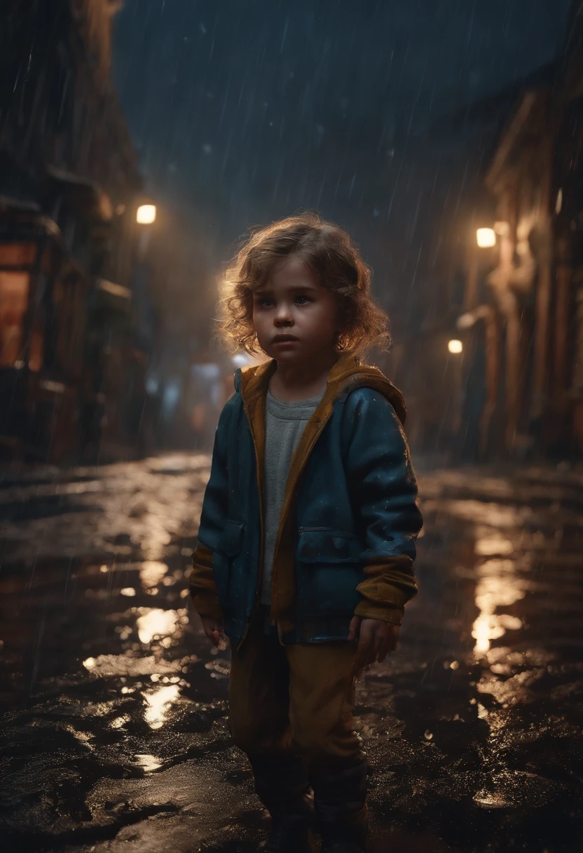 6 YEAR OLD CHILD CRYING, TEAR STAINED FACE, SAD, RAIN, NIGHTTIME, STREETS, MOONLIGHT, 8K, detailed matte painting, deep color, fantastical, intricate detail, splash screen, complementary colors, fantasy concept art, 8k resolution trending on Artstation Unreal Engine 5"