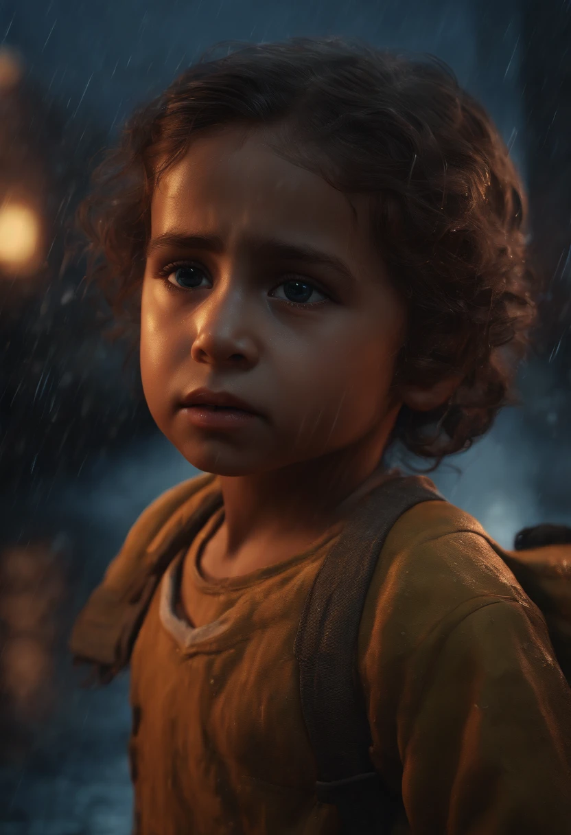 6 YEAR OLD CHILD CRYING, TEAR STAINED FACE, SAD, RAIN, NIGHTTIME, STREETS, MOONLIGHT, 8K, detailed matte painting, deep color, fantastical, intricate detail, splash screen, complementary colors, fantasy concept art, 8k resolution trending on Artstation Unreal Engine 5"