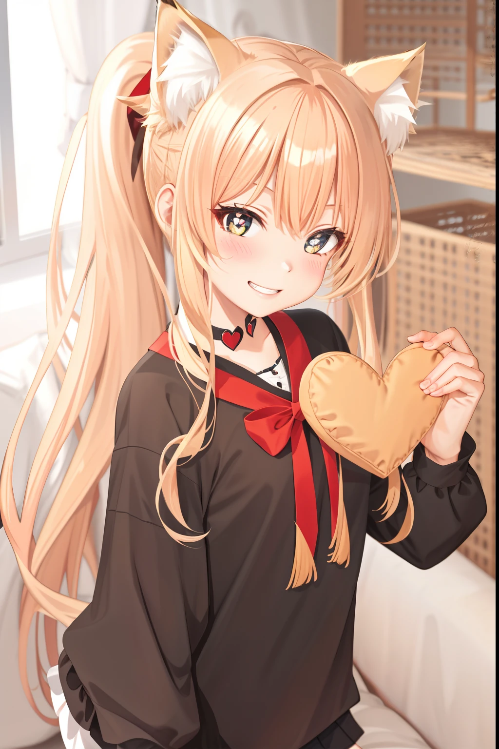 masterpiece,best quality,1girl,cat ear,cabellos largos dorados,Heart, heart - shaped pupils, Smug, Fake smile, Blush, teeth,Black double ponytail