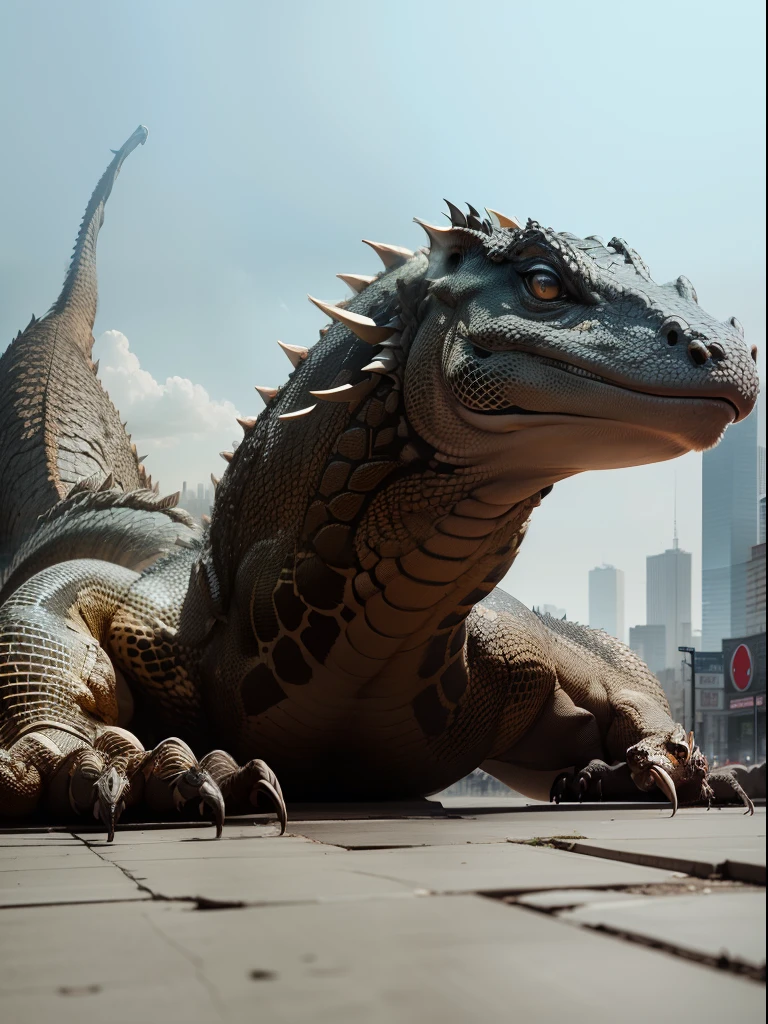 (best quality,4k,highres:1.2),ultra-detailed,(realistic:1.37) komodo dragon,cityscape,modern architecture,detailed textures,bustling streets,vibrant colors,central location,nighttime scene,urban setting,dynamic composition,skyscrapers,streetlights,people walking,traffic,metropolis,landmark buildings,reflection in glass windows,contrast between nature and urban environment,impressive scale,majestic creature,surrounded by bustling city life,intricate details of the komodo dragon's scales and skin,artistic portrayal of the reptile's features,captivating expression in the dragon's eyes,imposing yet graceful presence,blending of natural and man-made elements,immersive atmosphere.
