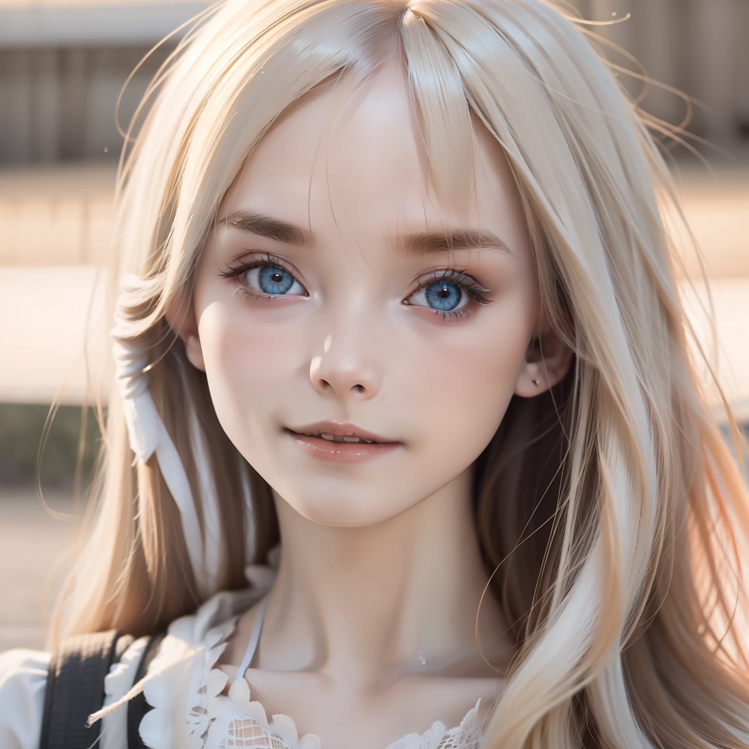 RAW photos, ((Portrait of extreme beauty))), (Glowing white beautiful skin)), 1 girl, 13 years old pretty beautiful girl in Prague, (glossy bright platinum blonde hair)), [Attractive whitish light blue eyes], Silky fine hair, Straight long hair, Eyeliner, Bangs, Hair between eyes, Fluttering hair, Little smile, ((Masterpiece, top quality, super detailed, film light, Complex Detail, High Resolution, 8K, Very Detail)), Detailed Background, 8K UHD, DSLR, Soft Light, High Quality, Film Grain, Fujifilm XT3, Shallow Depth of Field, Natural Light, (Perfect Hand), Perfect Beautiful Face