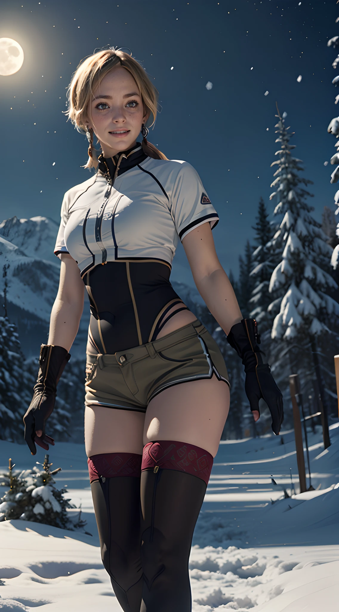 cinematic lighting, best quality, masterpiece, cowboy shot, absurdres BREAK sara, 1girl, solo, blush, shiny skin, light smile, medium breasts, thigh-highs, earring BREAK shorts, sneakers, short sleeves, gloves, leotard, outdoors, snowy field, pine tress, snowstorm, snow, falling snow, aurora, mountainous horizon, full moon