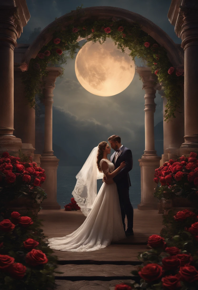 25 YEAR OLD MAN AND WOMAN GETTING MARRIED, LOVE, ROMANTIC, ROMANCE, FLOWERS, ROSES, NATURE, MOONLIGHT, 8K, detailed matte painting, deep color, fantastical, intricate detail, splash screen, complementary colors, fantasy concept art, 8k resolution trending on Artstation Unreal Engine 5"