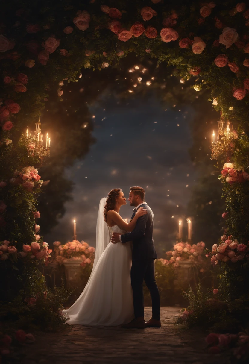 25 YEAR OLD MAN AND WOMAN GETTING MARRIED, LOVE, ROMANTIC, ROMANCE, FLOWERS, ROSES, NATURE, MOONLIGHT, 8K, detailed matte painting, deep color, fantastical, intricate detail, splash screen, complementary colors, fantasy concept art, 8k resolution trending on Artstation Unreal Engine 5"