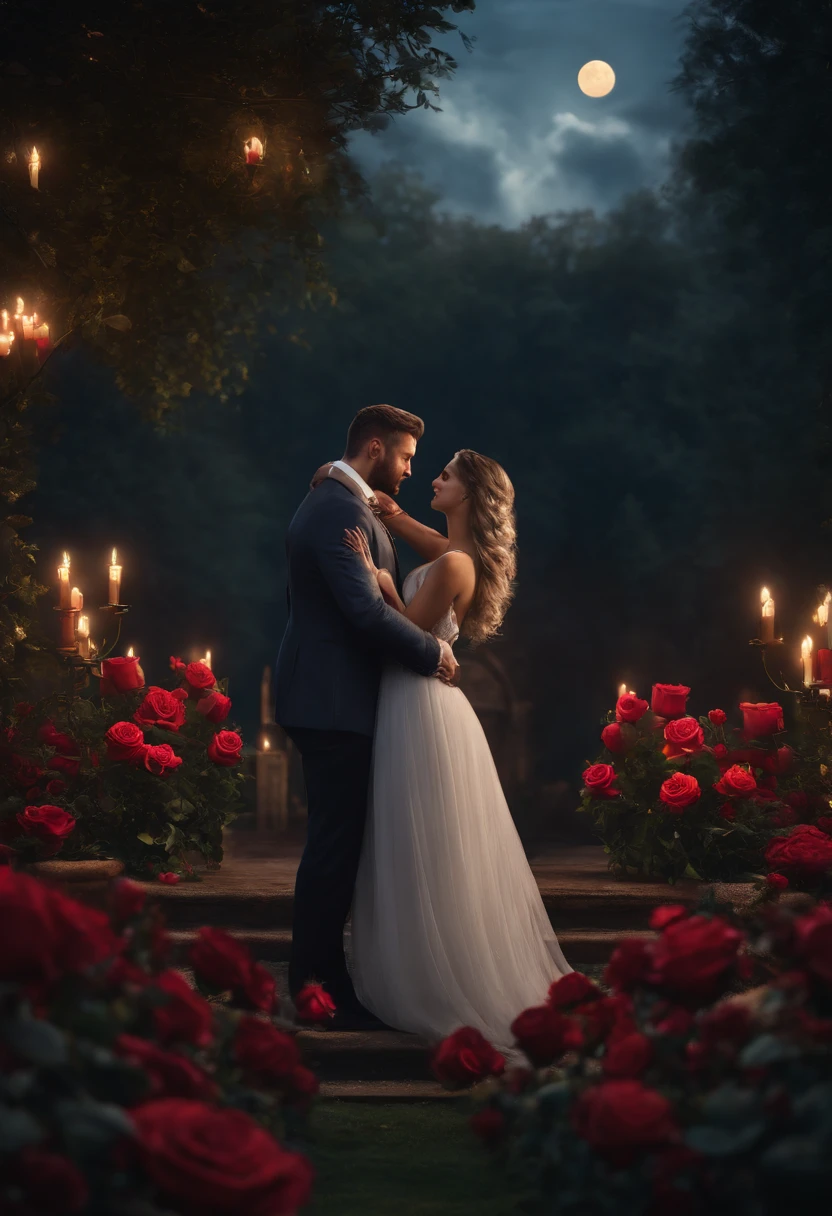 25 YEAR OLD MAN AND WOMAN GETTING MARRIED, LOVE, ROMANTIC, ROMANCE, FLOWERS, ROSES, NATURE, MOONLIGHT, 8K, detailed matte painting, deep color, fantastical, intricate detail, splash screen, complementary colors, fantasy concept art, 8k resolution trending on Artstation Unreal Engine 5"