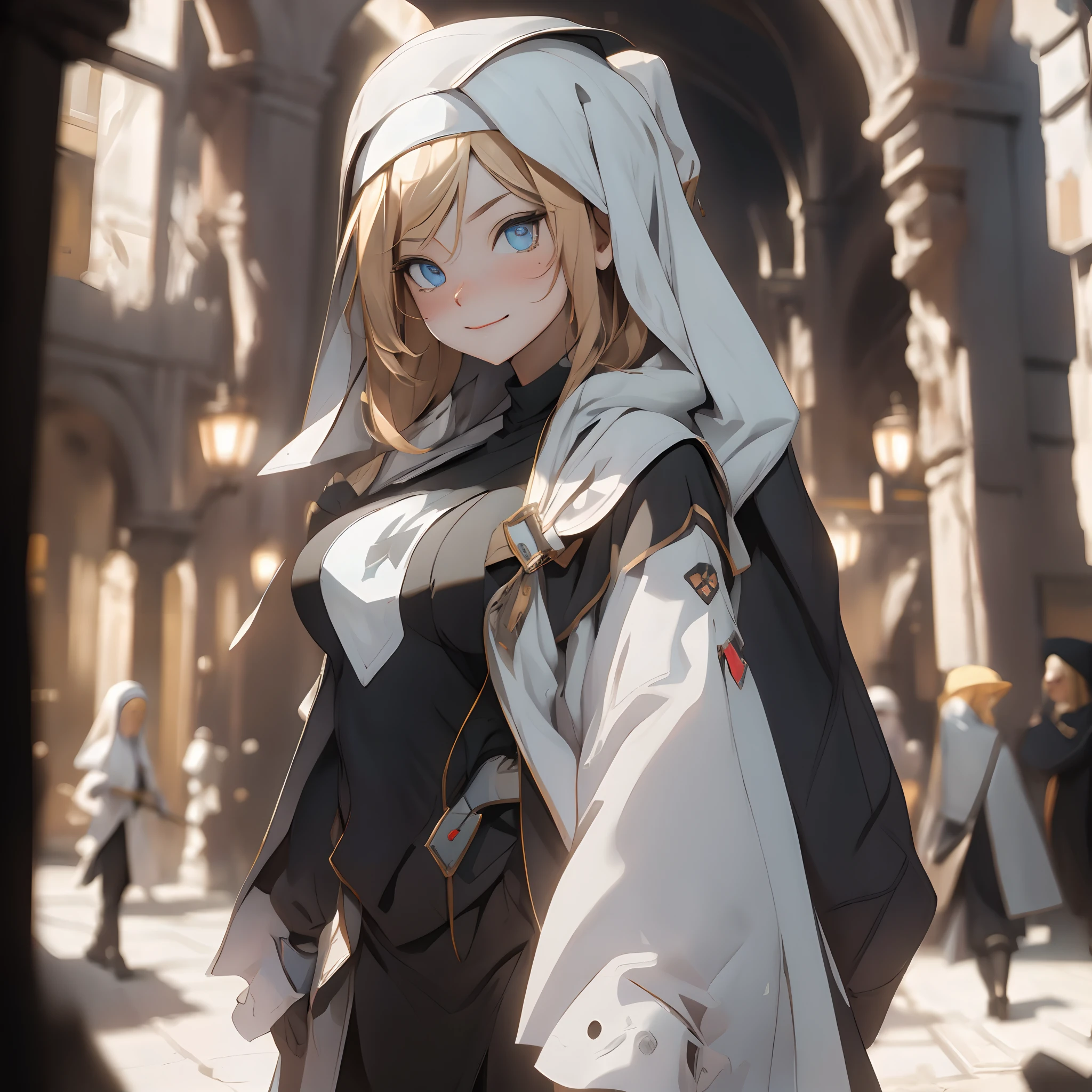 1 adult woman, Alone, long bread blond hair, smile, blue eyes, black and white Nun hat, high res, ultra sharp, 8k, masterpiece, looking at viewer, long black gloves, Sharp eyes, 
((Best quality)), ((masterpiece)), 3D, HDR (High Dynamic Range),Ray Tracing, NVIDIA RTX, Super-Resolution, Unreal 5,Subsurface scattering, PBR Texturing, Post-processing, Anisotropic Filtering, Depth-of-field, Maximum clarity and sharpness, Multi-layered textures, Albedo and Specular maps, Surface shading, Accurate simulation of light-material interaction, Perfect proportions, Octane Render, Two-tone lighting, Wide aperture, Low ISO, White balance, Rule of thirds,8K RAW, Aura