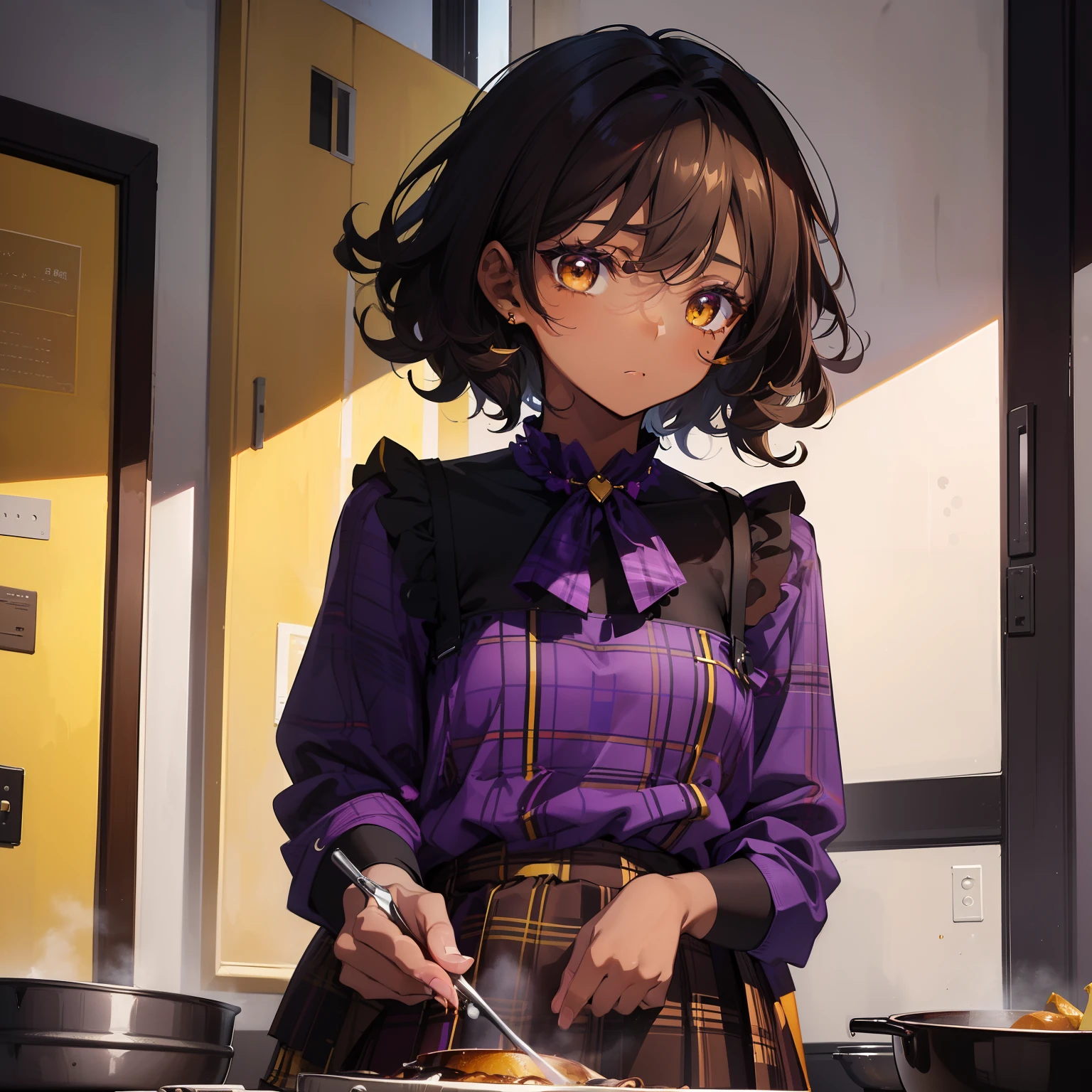 ((masterpiece)), ((best quality)), ((anime profile style)), ((very dark skin)), 18 year old girl, ((dark brown eyes)), ((perfect) ), eyebrow, nose, ear, mouth, sad expression, ((short curly hair)), neck strap, shoulders, arms, ((little purple blouse with yellow plaid skirt)), kitchen background, cooking, black skin shadows ,