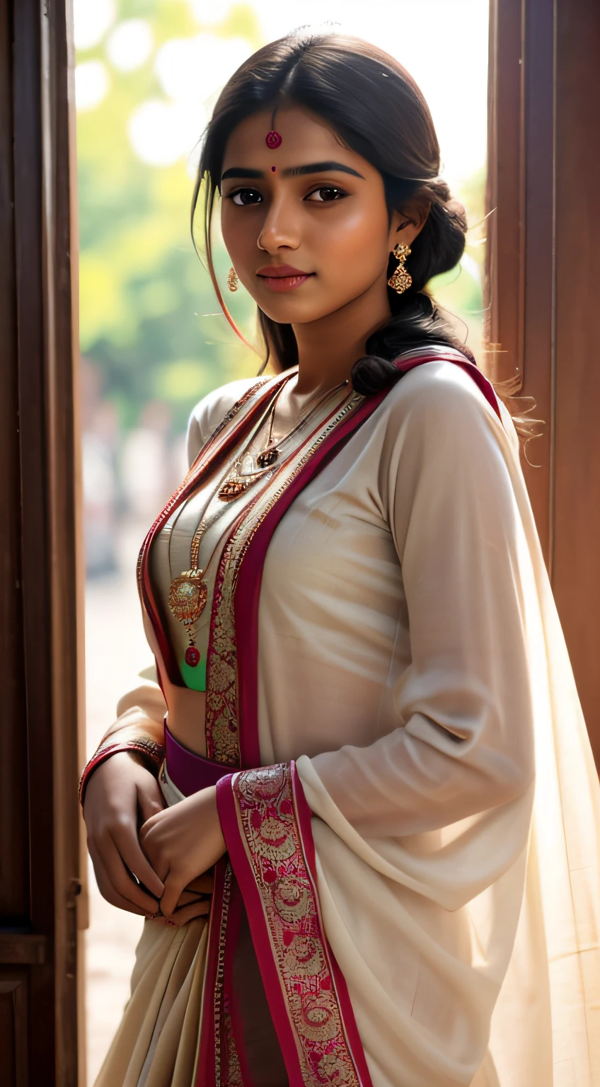 young Indian girl, 18-year-old,  gentle sun lighting on face , village mood , old cloths, silk cloth, cloth is transperent , village girl vibe, intricate facial details, full body picture, cinimatic pose flawless complexion, top-notch 3D rendering, hyper-realistic, shot on Indian road. photorealistic digital art trending on Artstation 8k HD high definition detailed realistic, detailed, skin texture, hyper detailed, realistic skin texture, armature, best quality, ultra high res, (photorealistic:1.4),, high resolution, detailed, raw photo, 400 camera f1.6 lens rich colors hyper realistic lifelike texture dramatic lighting unrealengine trending on artstation cinestill 800