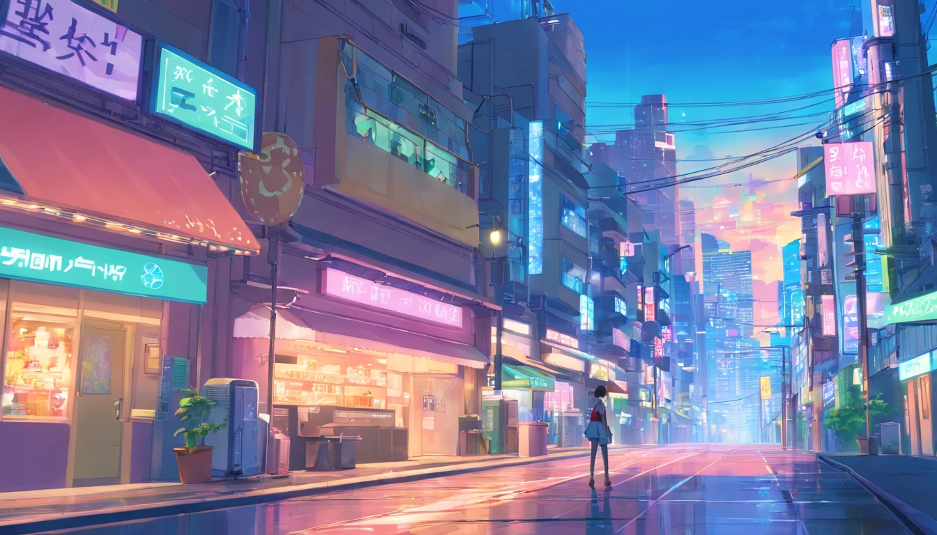 Anime city street scene with a woman walking down the street - SeaArt AI