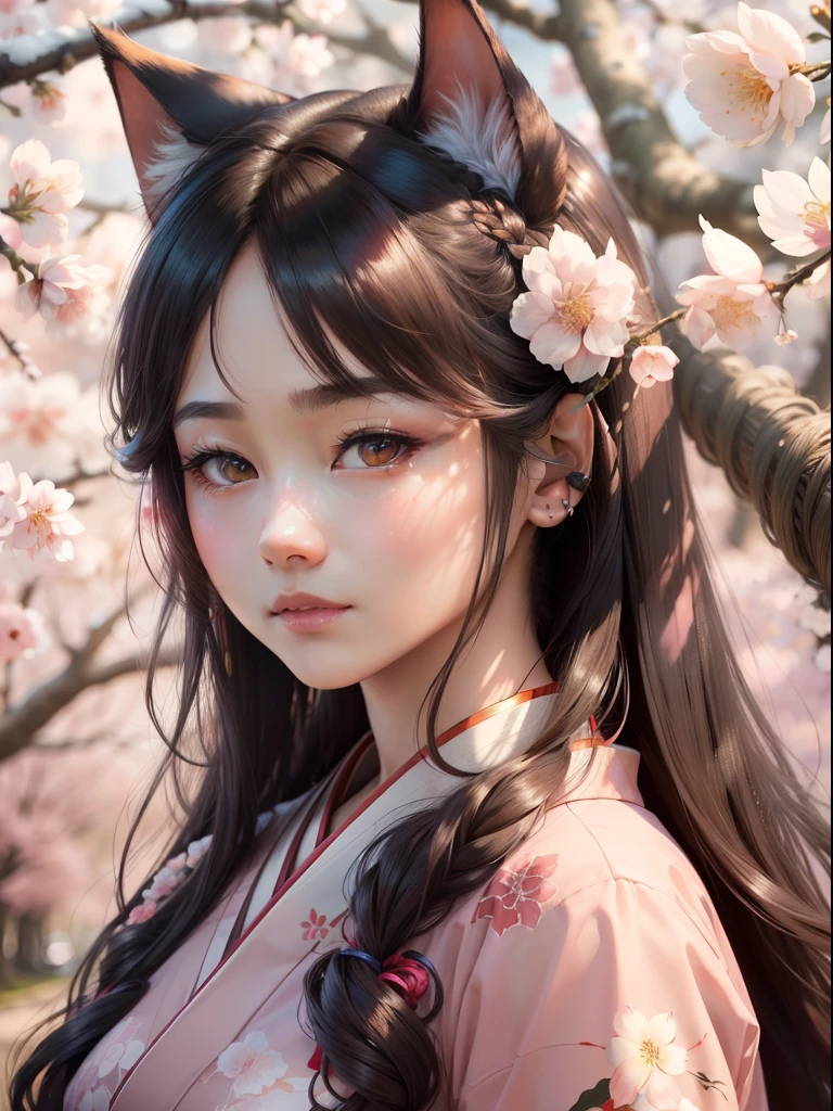 (best quality, 4k, highres, realistic:1.2), vibrant colors, (detailed and lifelike:1.1), (portrait:1.1), Japanese woman, long hair, beautiful detailed eyes, adorable cat ears, delicate lips, traditional kimono, cherry blossom background, illuminated by soft sunlight, graceful pose