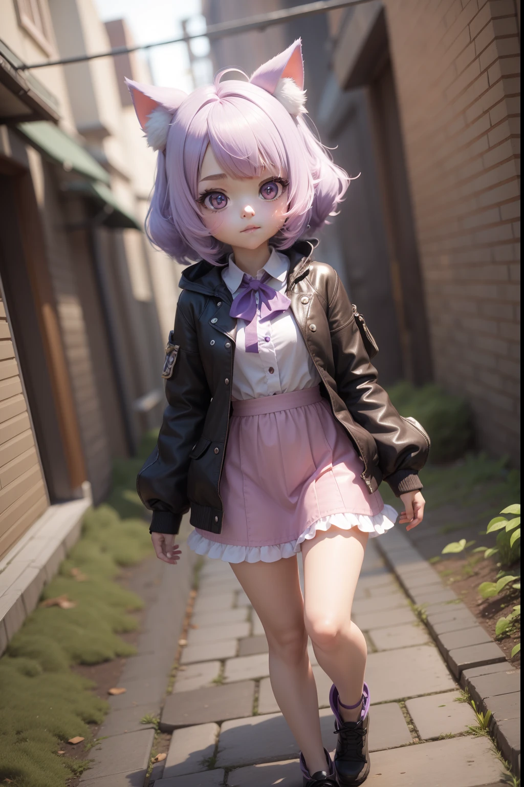 Cute little character in light 3D with front, catss, Twin-tailed, girl with, Light purple hair
