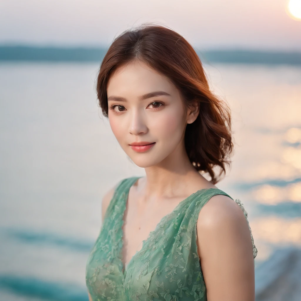 hightquality、​masterpiece、超A high resolution、(realisitic:1.4)、(True skin texture:1.3)、Perfect beautiful adult woman、beautiful detailed eyes and face、Thin makeup、Refreshing smile、a closeup、Brown short-cut hair、Small necklace、White sleeveless shirt、Seaside in the evening、Emerald Green Sea、soft sunlight、Summer Cloud、