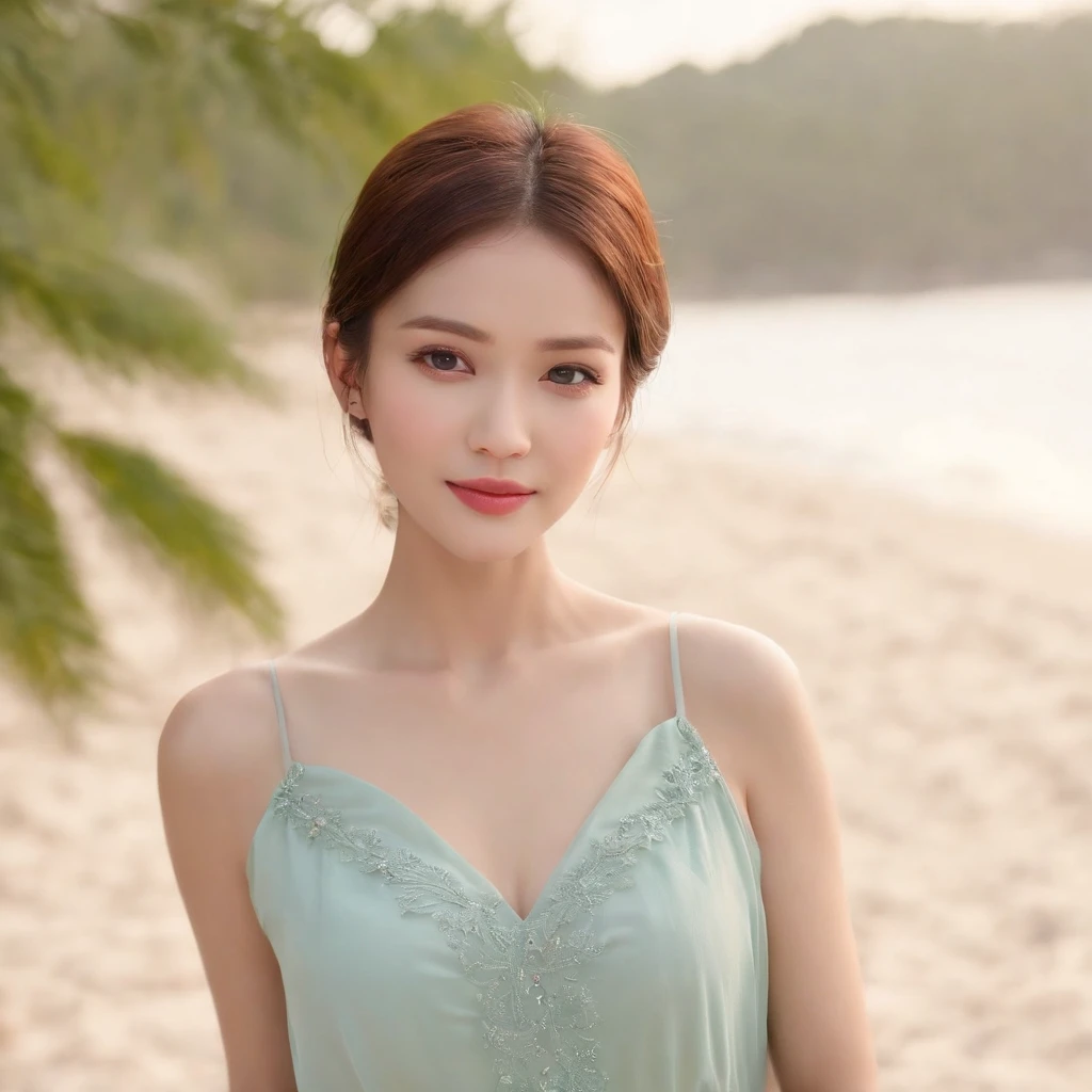 hightquality、​masterpiece、超A high resolution、(realisitic:1.4)、(True skin texture:1.3)、Perfect beautiful adult woman、beautiful detailed eyes and face、Thin makeup、Refreshing smile、a closeup、Brown short-cut hair、Small necklace、White sleeveless shirt、Seaside in the evening、Emerald Green Sea、soft sunlight、Summer Cloud、