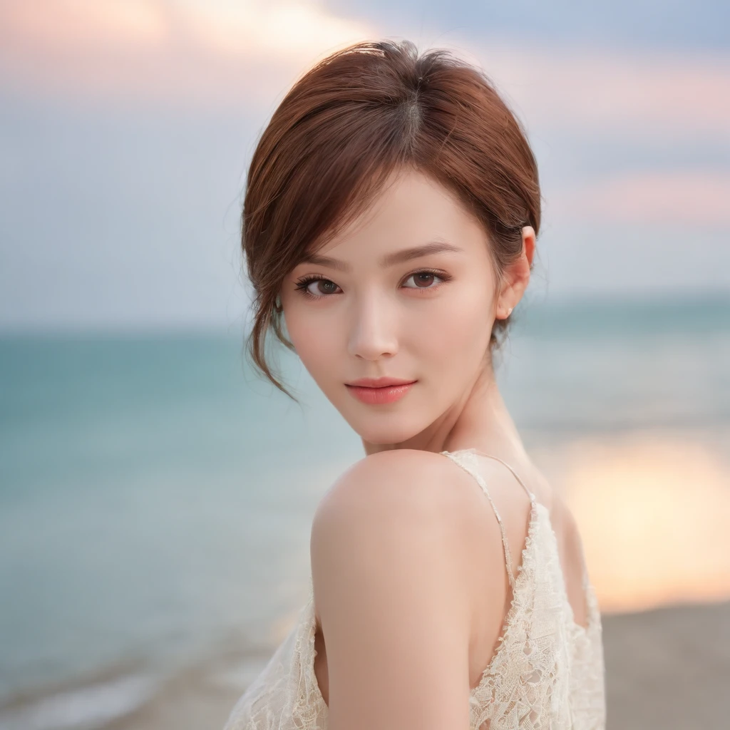 hightquality、​masterpiece、超A high resolution、(realisitic:1.4)、(True skin texture:1.3)、Perfect beautiful adult woman、beautiful detailed eyes and face、Thin makeup、Refreshing smile、a closeup、Brown short-cut hair、Small necklace、White sleeveless shirt、Seaside in the evening、Emerald Green Sea、soft sunlight、Summer Cloud、