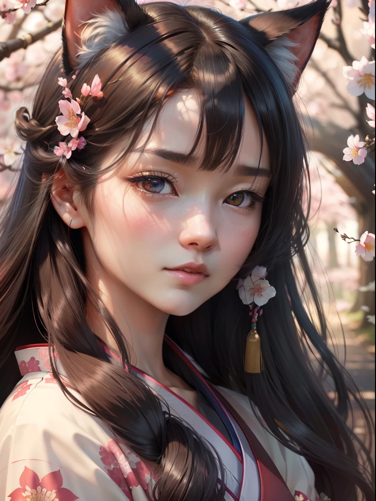 (best quality, 4k, highres, realistic:1.2), vibrant colors, (detailed and lifelike:1.1), (portrait:1.1), Japanese woman, long hair, beautiful detailed eyes, adorable cat ears, delicate lips, traditional kimono, cherry blossom background, illuminated by soft sunlight, graceful pose