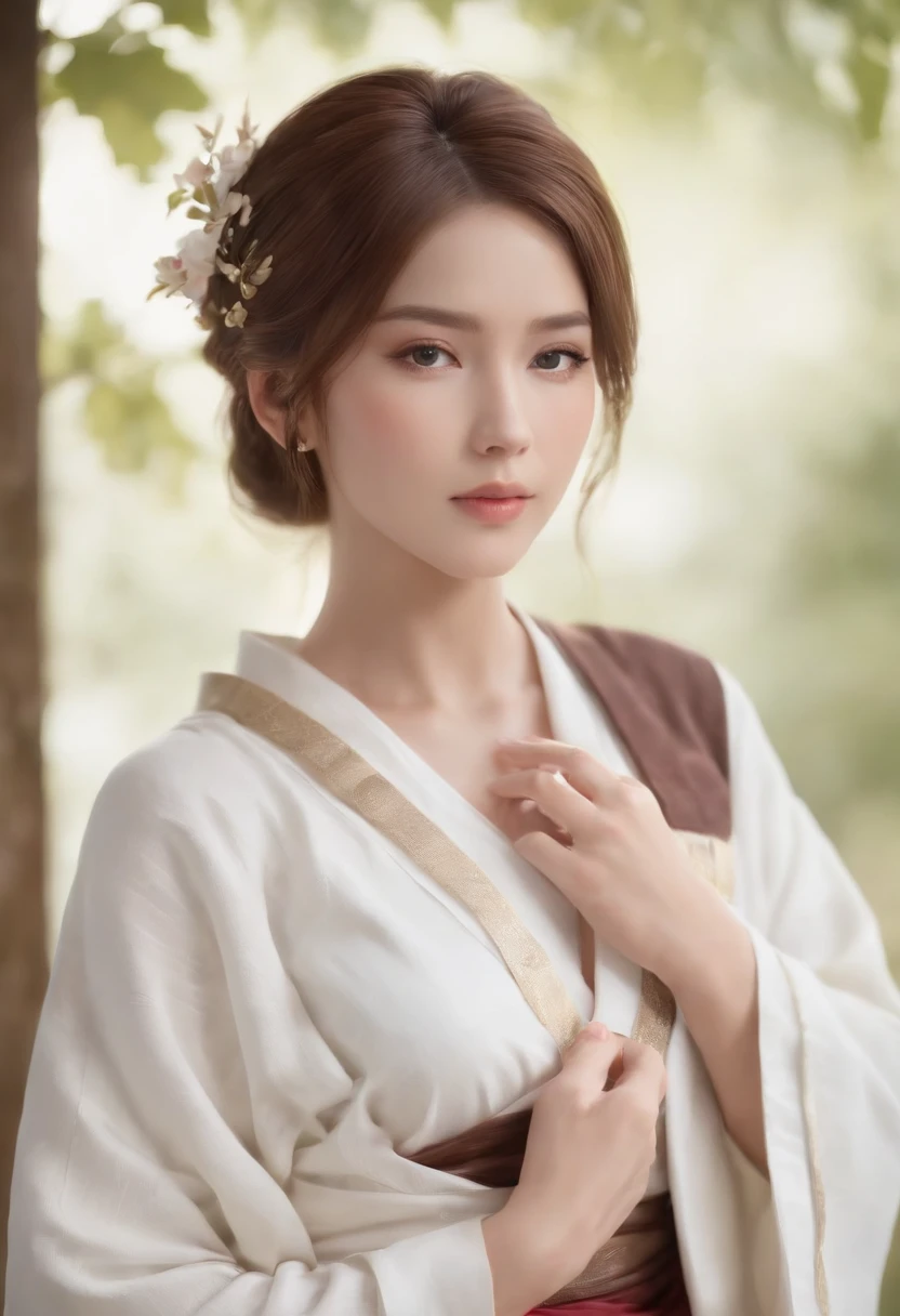 Final fantasy (Yuna) Anime girl with brown hair and a white kimono dress holding her necklace, beautiful character painting, soft anime CG art, realistic anime art style, beautiful anime portrait, beautiful anime woman, photorealistic anime girl rendering, Makoto Shinkai and Artgerm, realistic 3D anime style, anime realism style,  Anime Style Digital Art, Beautiful Anime Girl