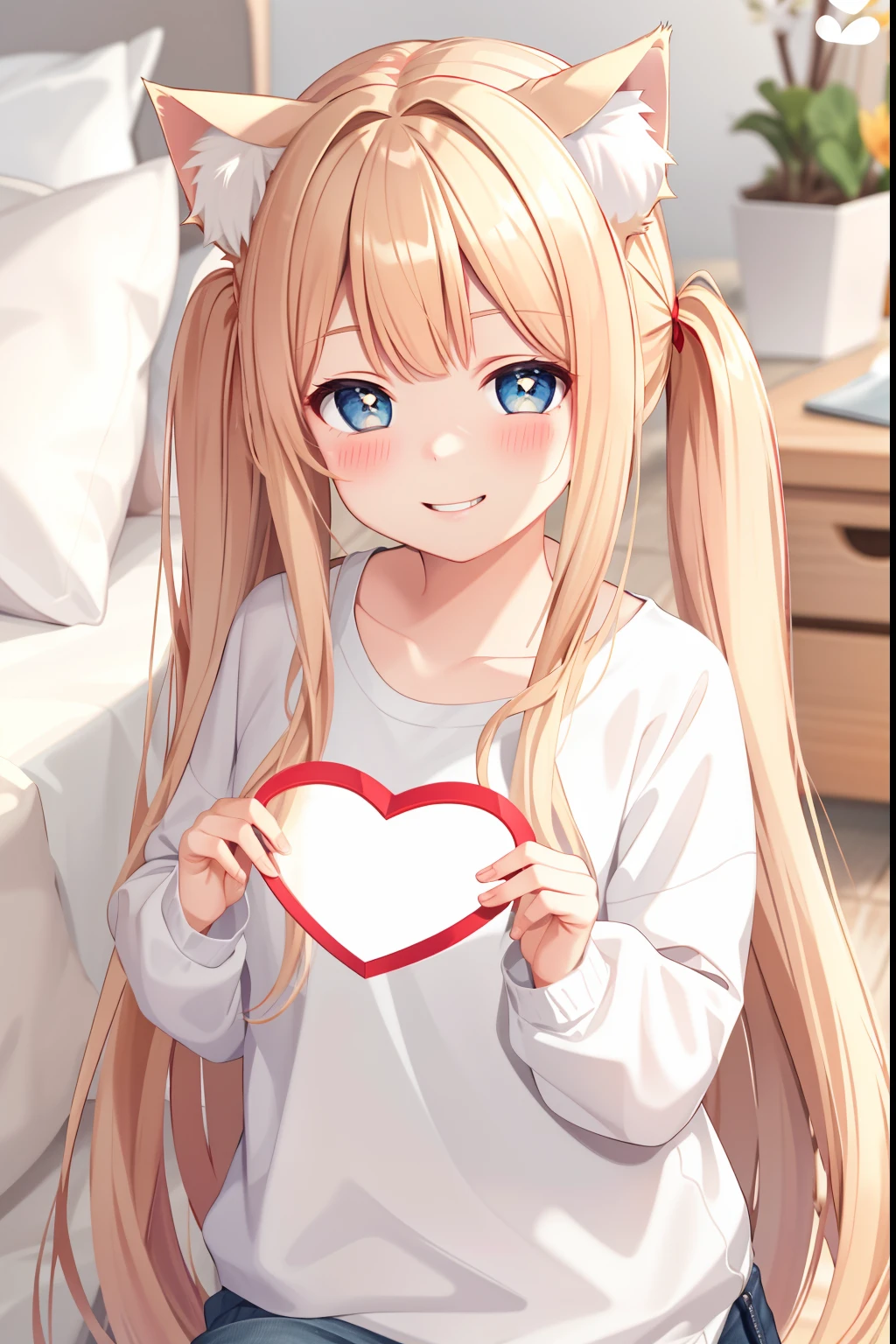 Masterpiece,Best quality,1girll,cat ear,cabellos largos dorados,white clothes,Heart, heart - shaped pupils, Smug, Fake smile, Blush, teeth