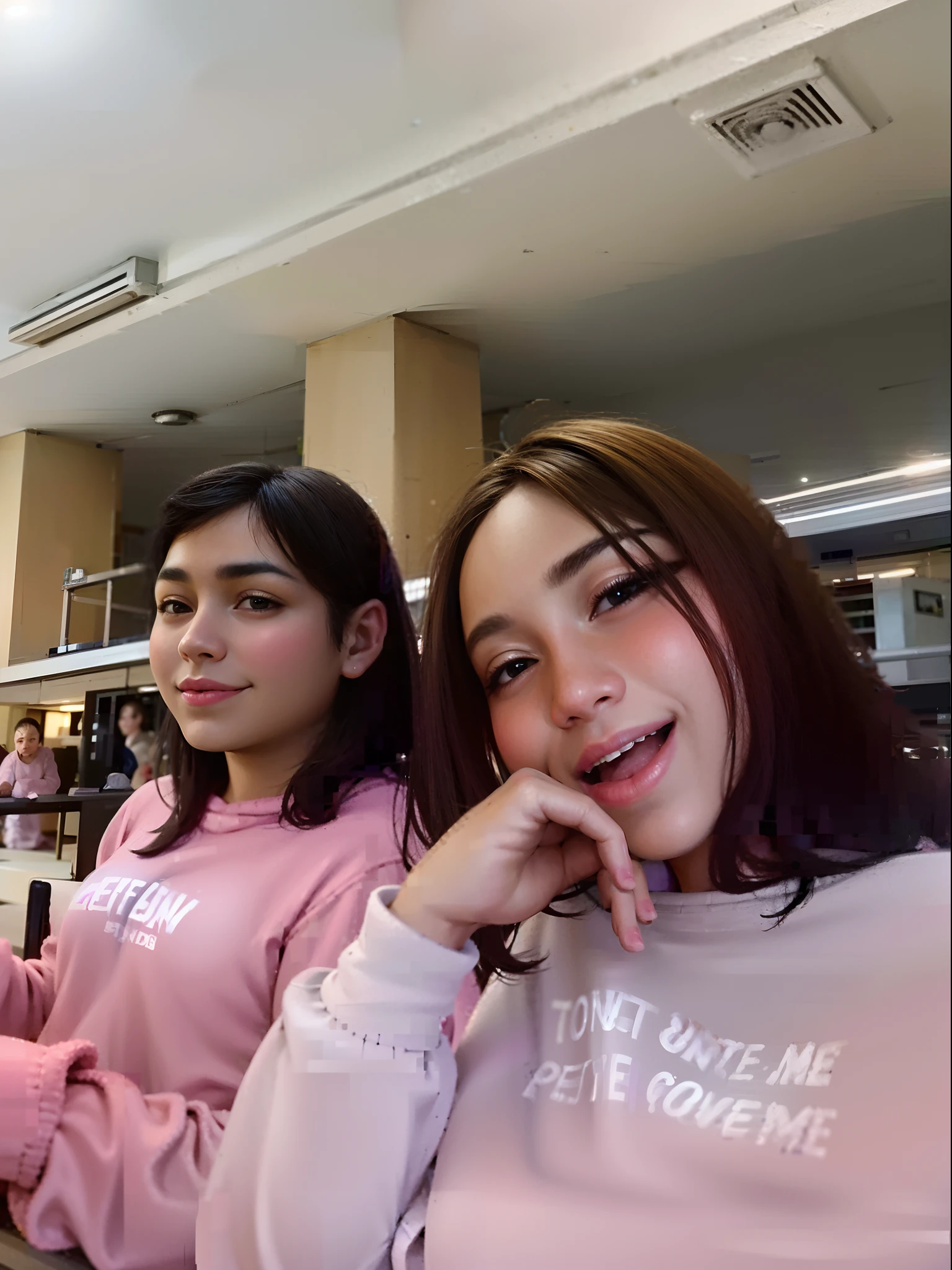 there are two women sitting at a table with a plate of food, scandy and arender, two girls, 📷 mungojerrie and rumpleteazer, low quality photo, very very low quality picture, low quality photograph, cute girls, wearing a pastel pink hoodie, wearing a pink hoodie, candid picture, pink tigers, facebook, very very low quality