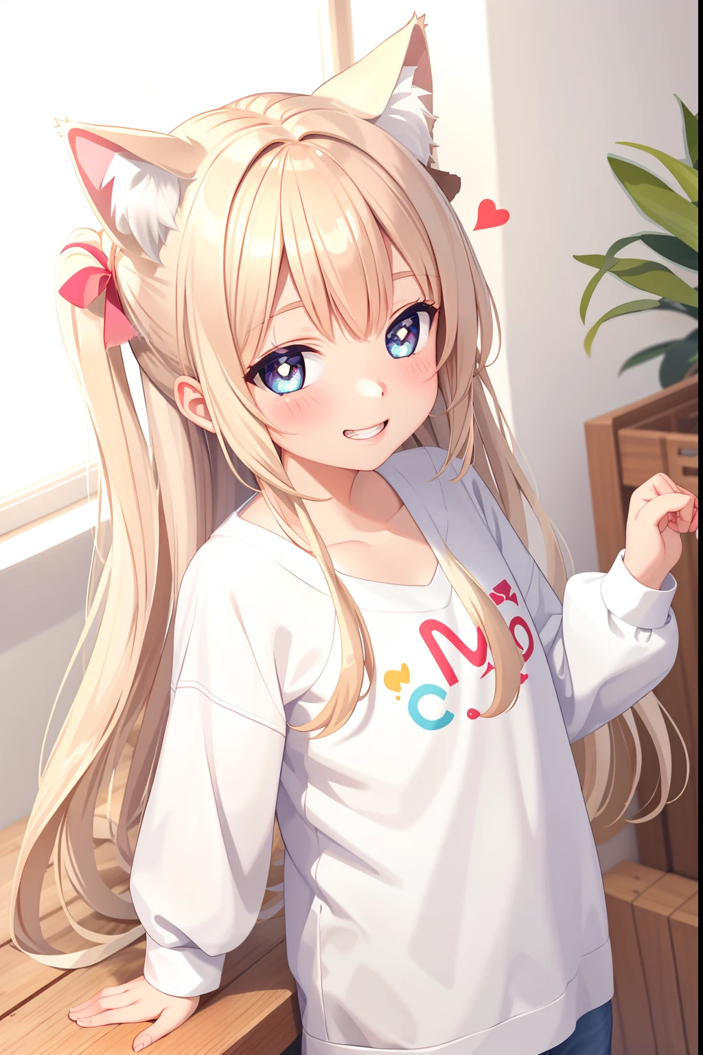 Masterpiece,Best quality,1girll,cat ear,cabellos largos dorados,white clothes,Heart, heart - shaped pupils, Smug, Fake smile, Blush, teeth