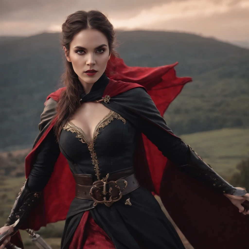 arafed woman in a black dress with a sword and a red cape, dark fantasy style art, by Arthur Pan, by Yang J, abaddon and magali villeneuve, dark fantasy art, dark sorceress full view, diablo digital concept art, gothic fantasy art, 4k fantasy art, beautiful elegant demon queen, dark fantasy artwork