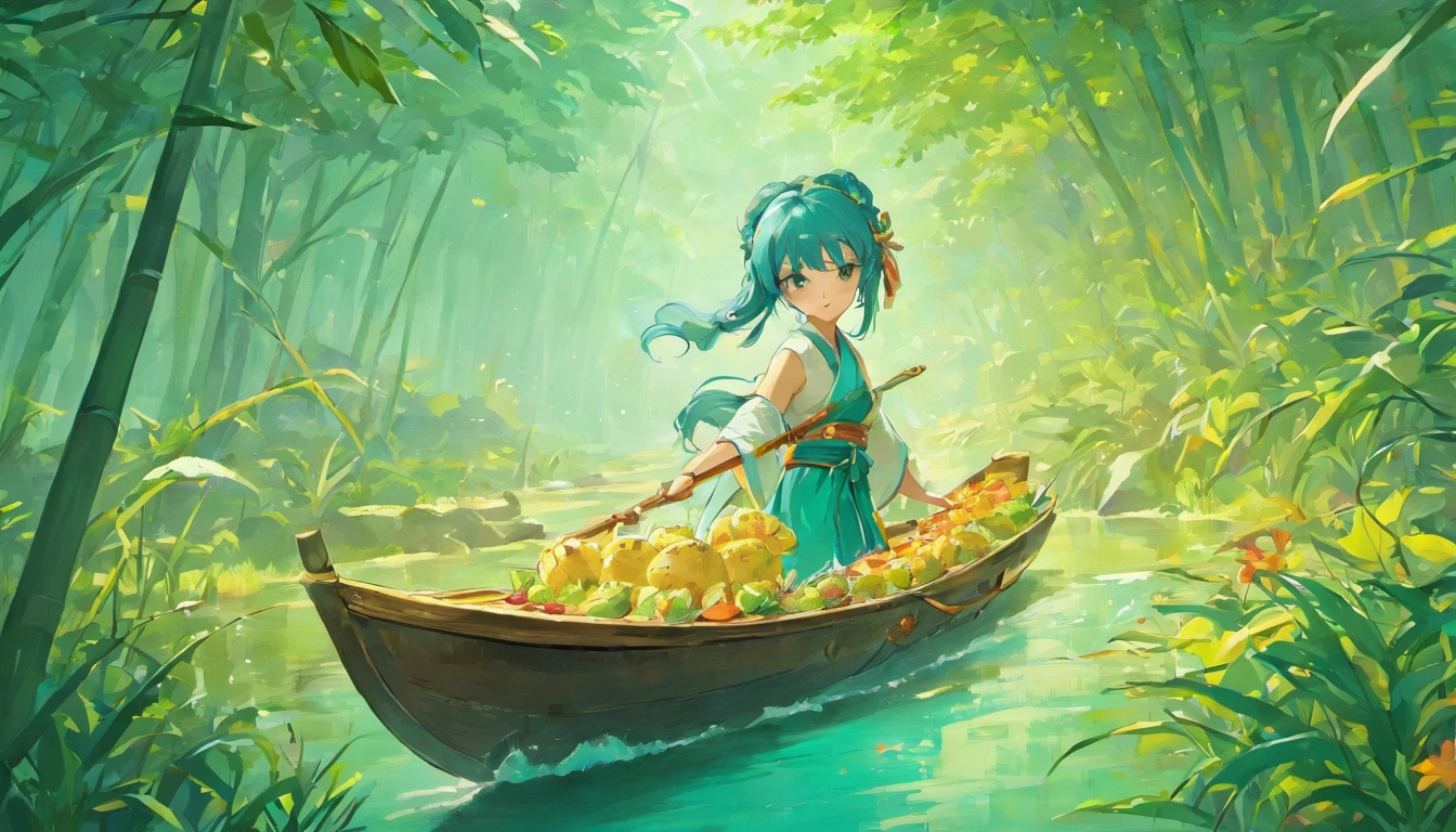 Qingming Festival、River side、dragon boats、rice dumpling、Azure、band、environment friendly、tradit、celebrating、enviroment、The villagers、Plaza、Bamboo lanterns、In the daytime、celebrating、Artistically、device、decor、high definition resolution