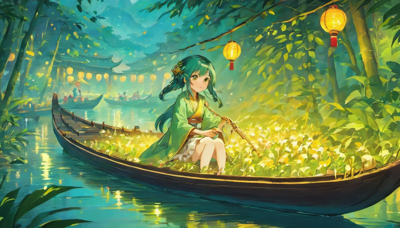 Qingming Festival、River side、dragon boats、rice dumpling、Azure、band、environment friendly、tradit、celebrating、enviroment、The villagers、Plaza、Bamboo lanterns、In the daytime、celebrating、Artistically、device、decor、high definition resolution